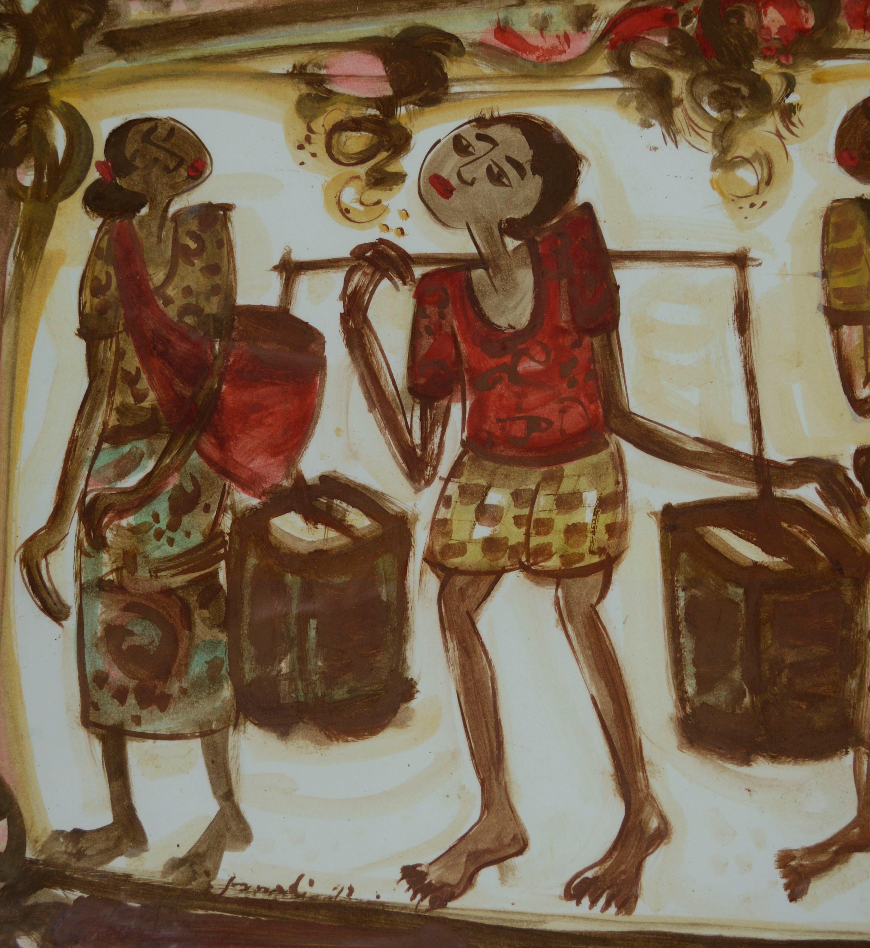 Women Carrying Baskets with Children, Figurative Gouache on Paper  - Brown Figurative Art by Unknown