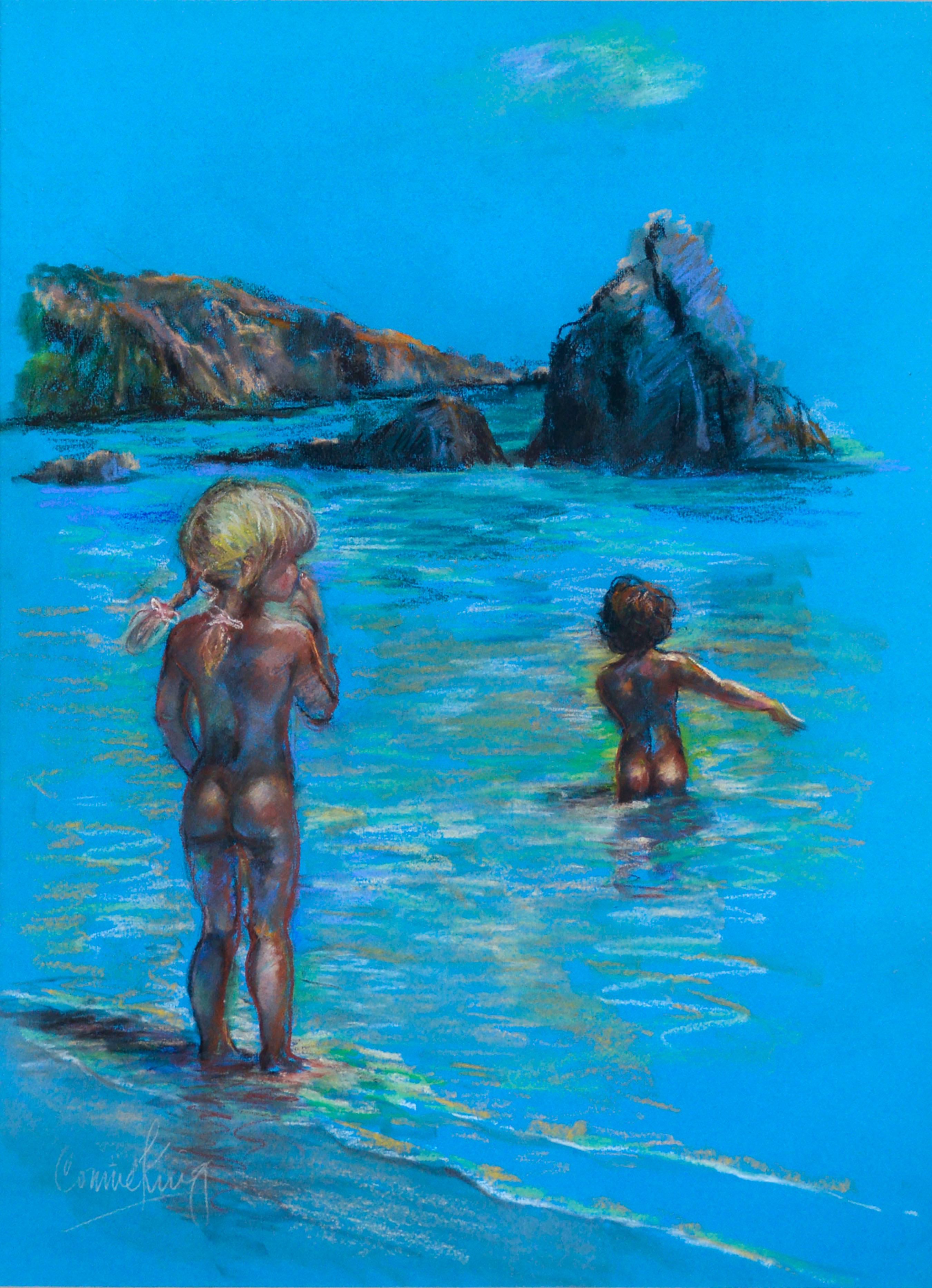 Children at the Beach, Pastel Coastal Figurative Landscape on Electric Blue  - Art by Connie King 