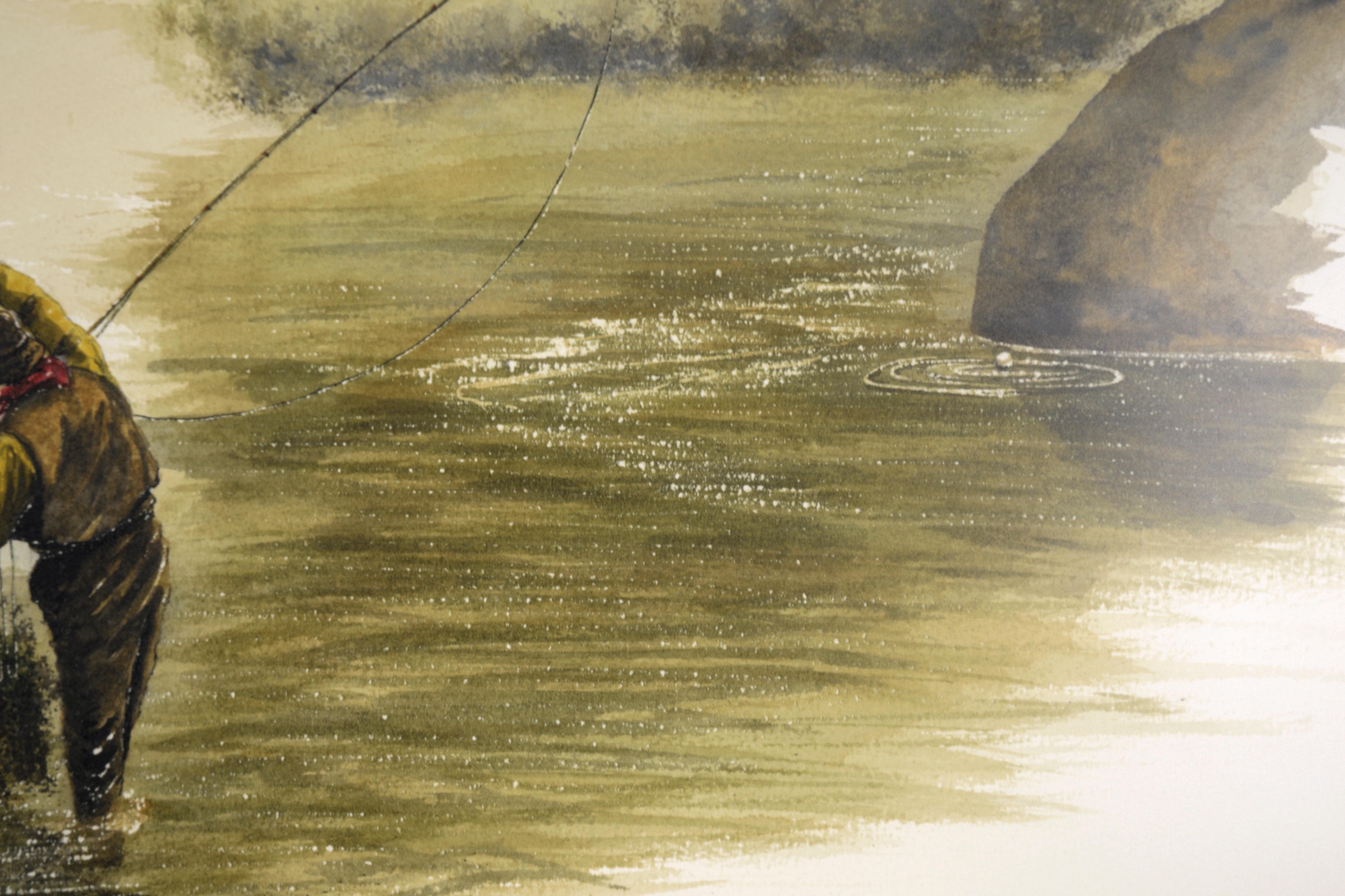 Zarte Darstellung eines Fliegenfischers von Harvey Eckert (Amerikaner, 1946-2018). Signiert in der unteren rechten Ecke. Präsentiert in einem Holzrahmen mit doppeltem Passepartout und entspiegeltem Glas. Bildgröße: 14 