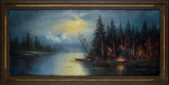 Paysage figuratif pastel du début du 20e siècle avec feux de camp et bateaux