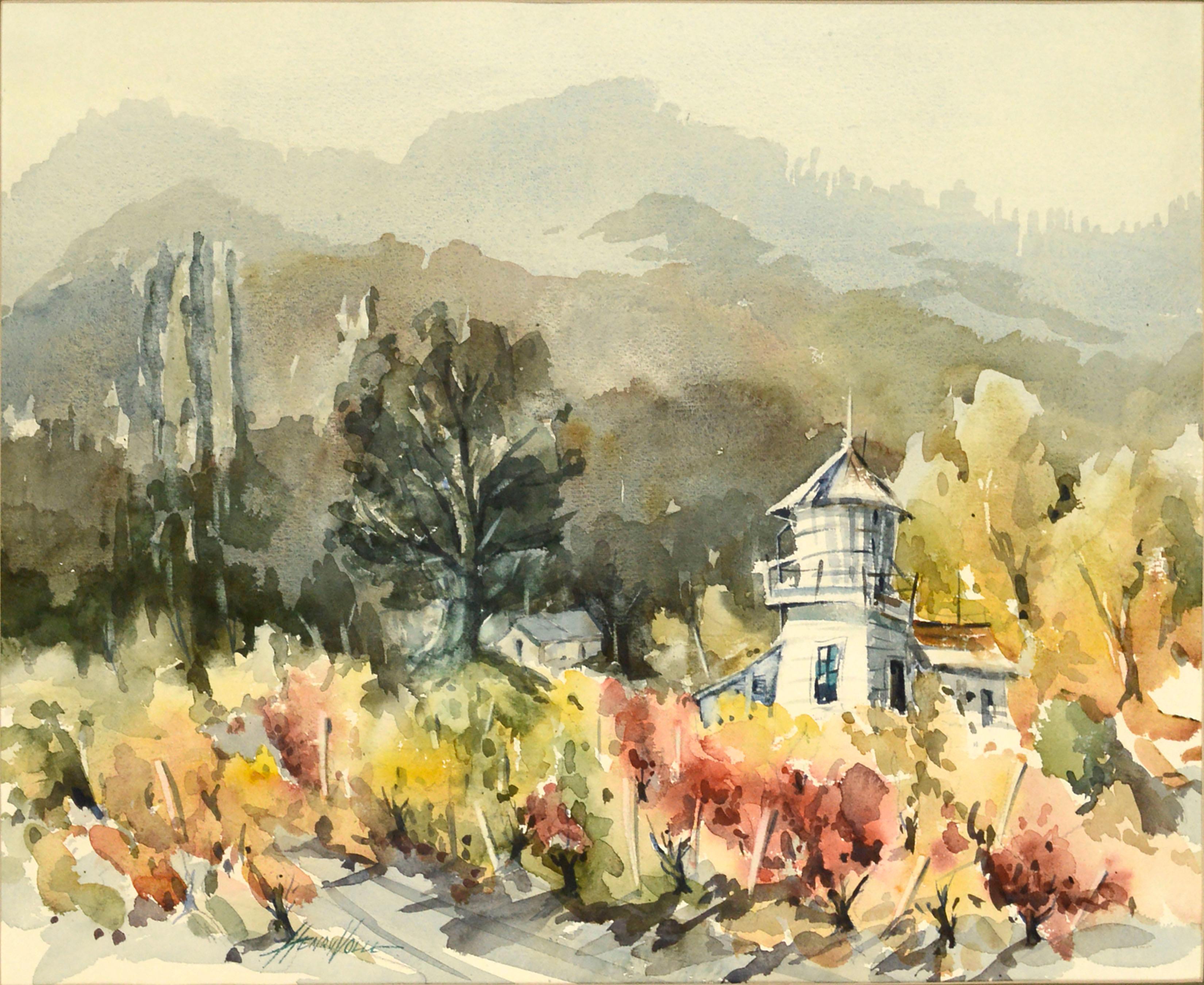 Mountain Vineyard Landscape Watercolor  - Art by Henry Hank Volle
