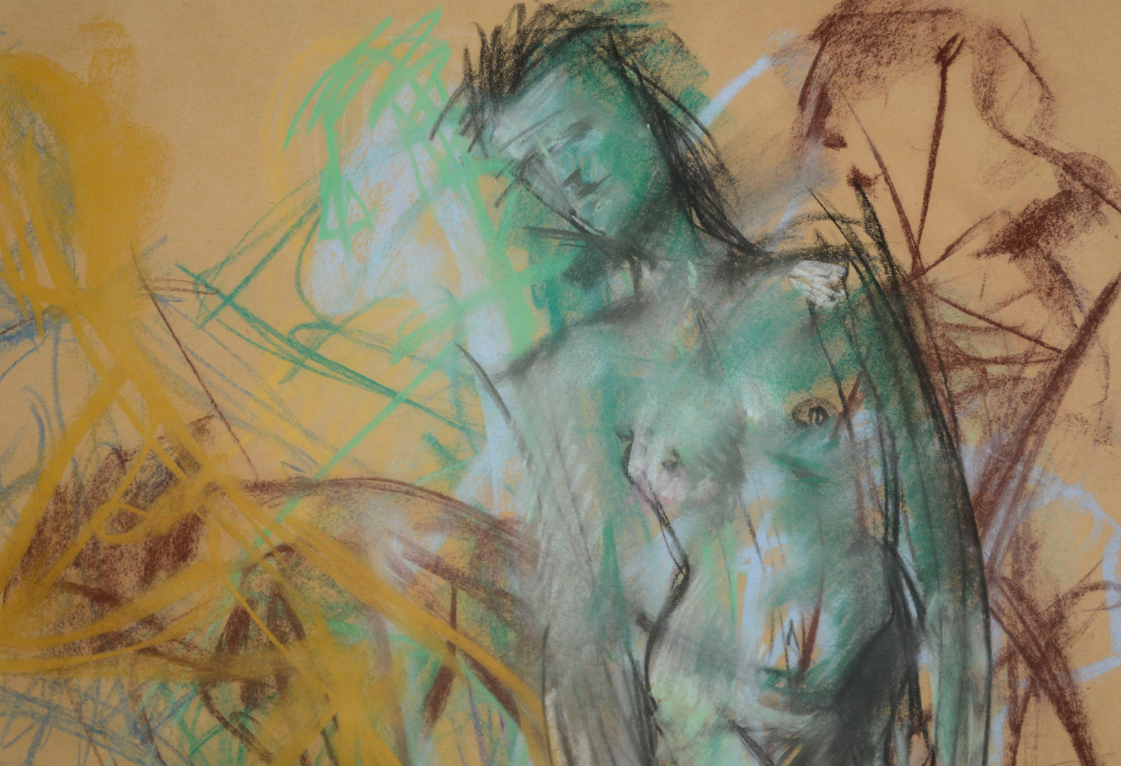 Figuren in Bewegung, abstrakte expressionistische pastellfarbene Zeichnung  (Abstrakter Expressionismus), Art, von Gayel Childress