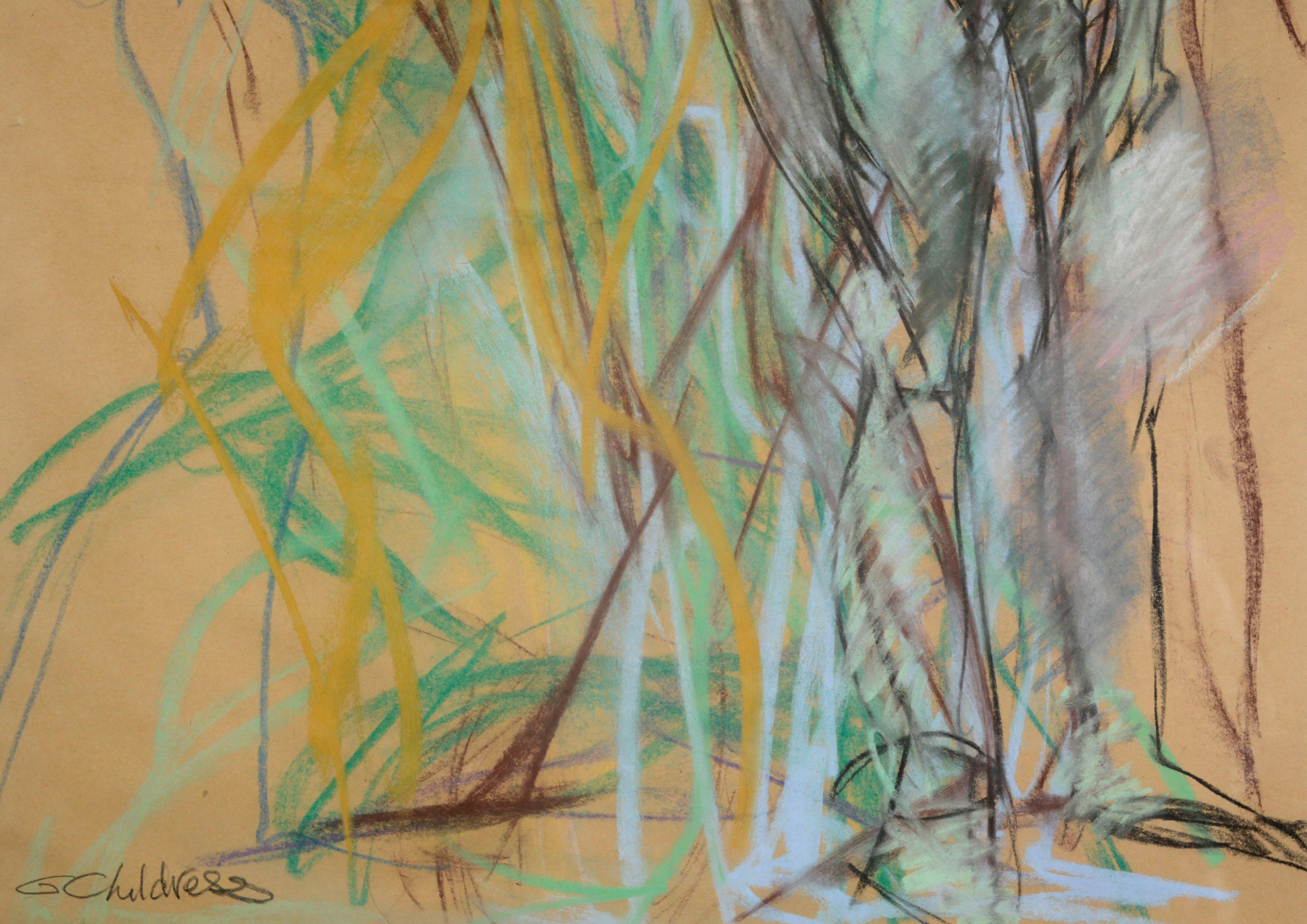 Dynamische und farbenfrohe abstrakt-expressionistische figurale Pastellzeichnung von Gayel Childress (Amerikaner, 20./21. Jahrhundert) aus Ojai, Kalifornien. Die Figuren in verschiedenen gestischen Posen sind mit lebhaftem Pastell