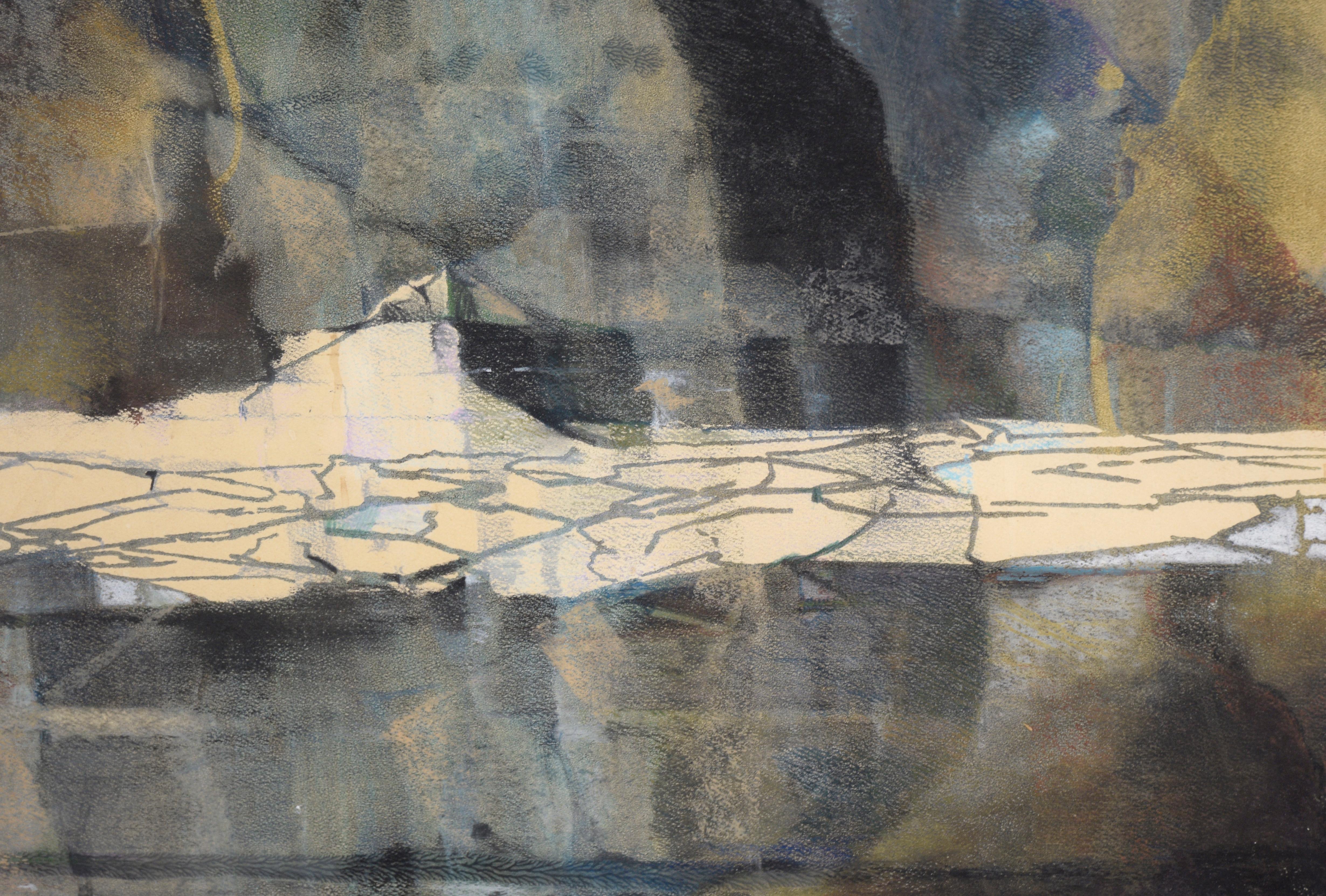 Stimmungsvolle abstrakte Landschaft von Martin Kallman (Amerikaner, 1925-1992). Dieses Werk hat große Licht- und Schattenbereiche, die sich überlagern, als ob sie aus mehreren übereinanderliegenden Szenen bestehen würden. Das Hauptaugenmerk liegt