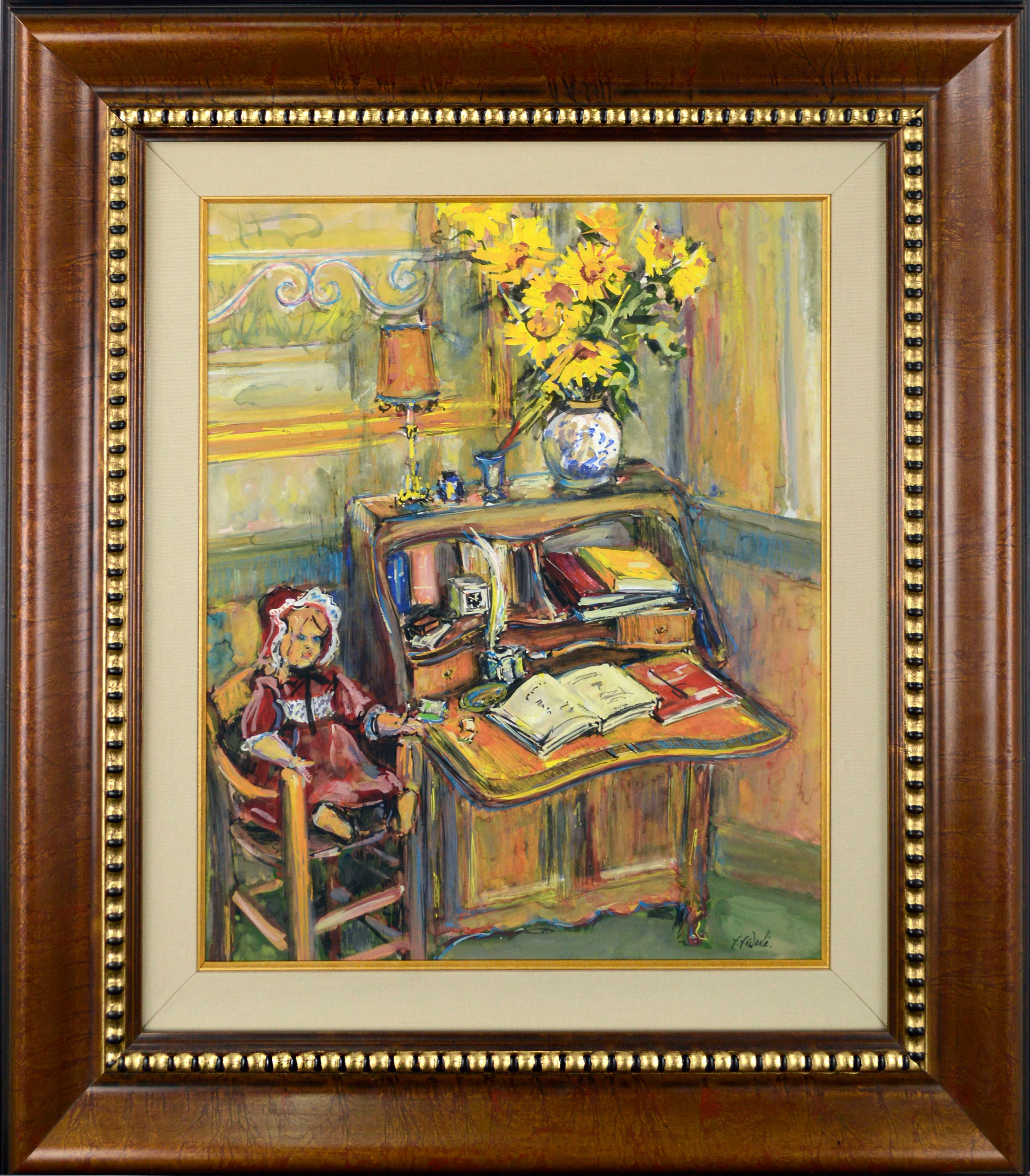 Francois Federle Interior Art - French Impressionist Interior Scene with Desk, Doll, & Sunflowers