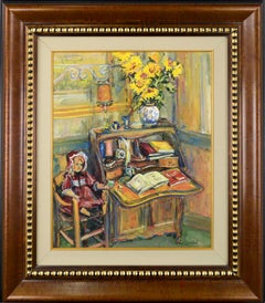 Escena interior impresionista francesa con escritorio, muñeca y girasoles