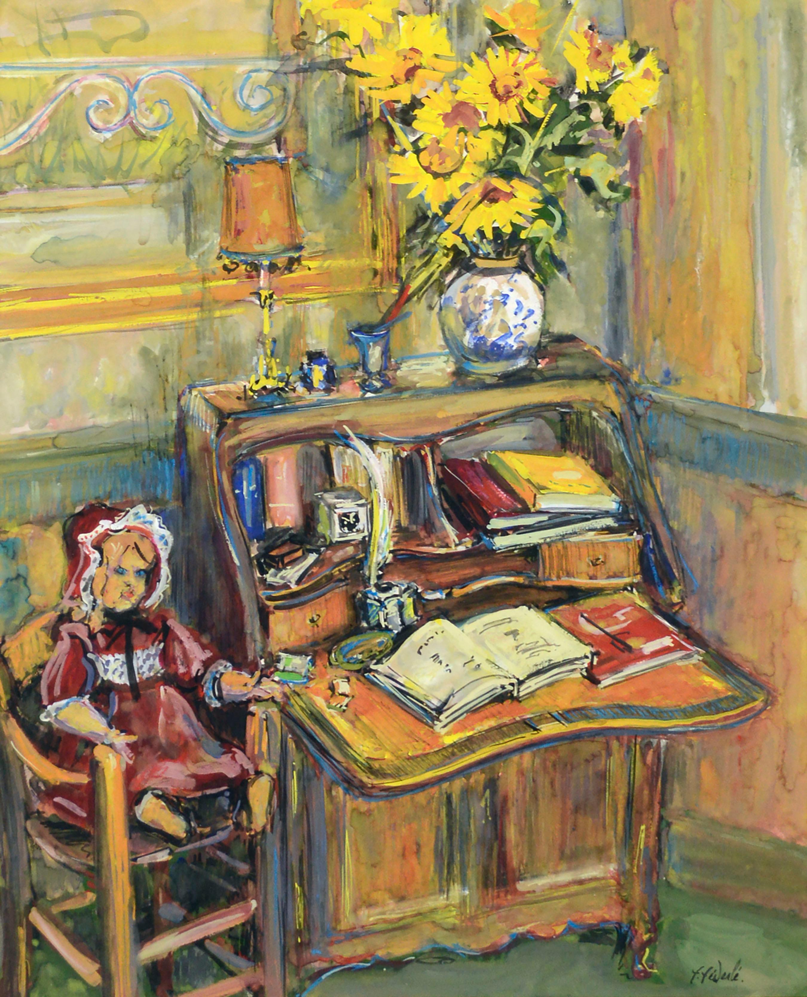 French Impressionist Interior Scene with Desk, Doll, & Sunflowers - Art by Francois Federle