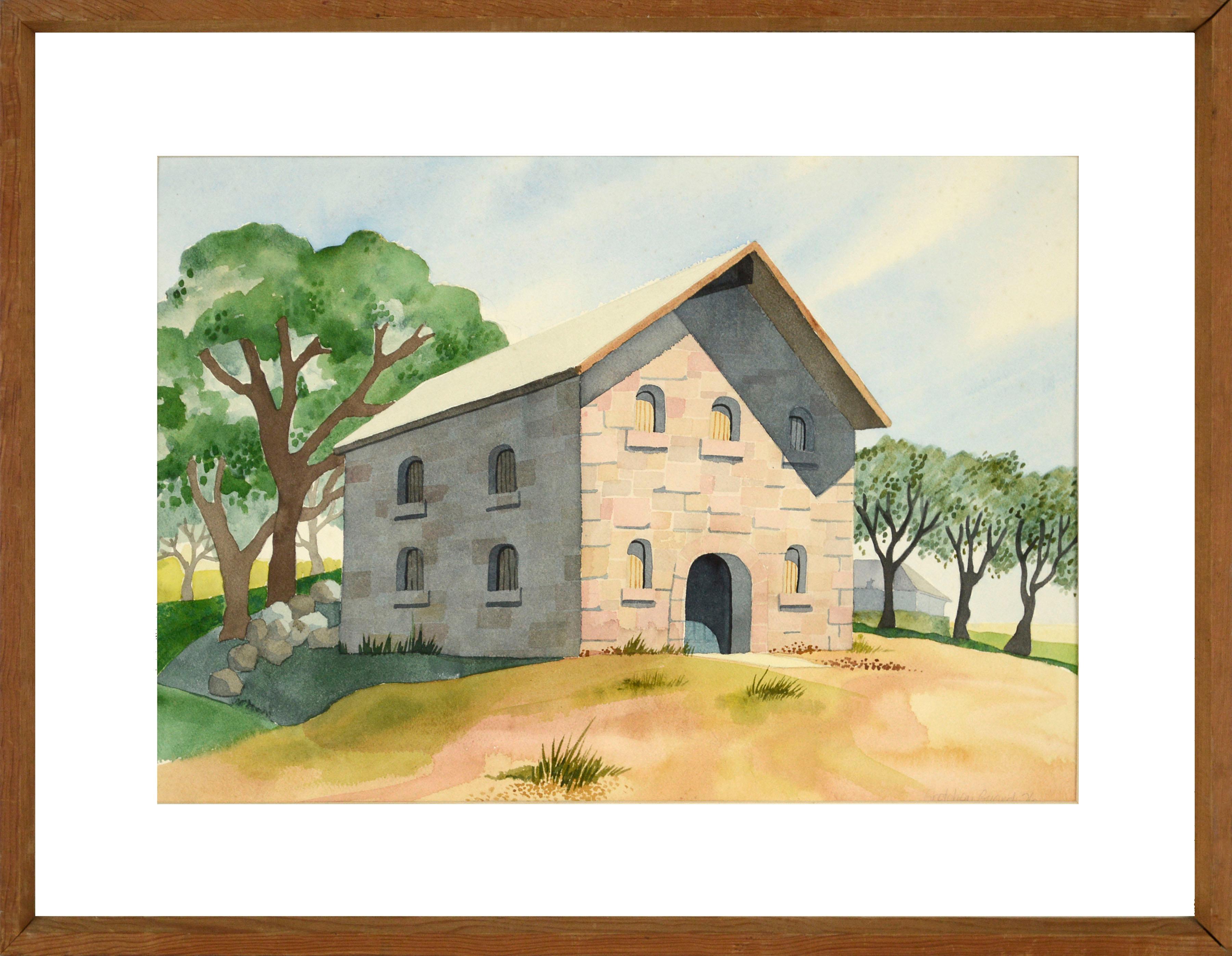 Gretchen Guard Landscape Art - Stone Barn on the Hilltop, 1970's Landscape Watercolor