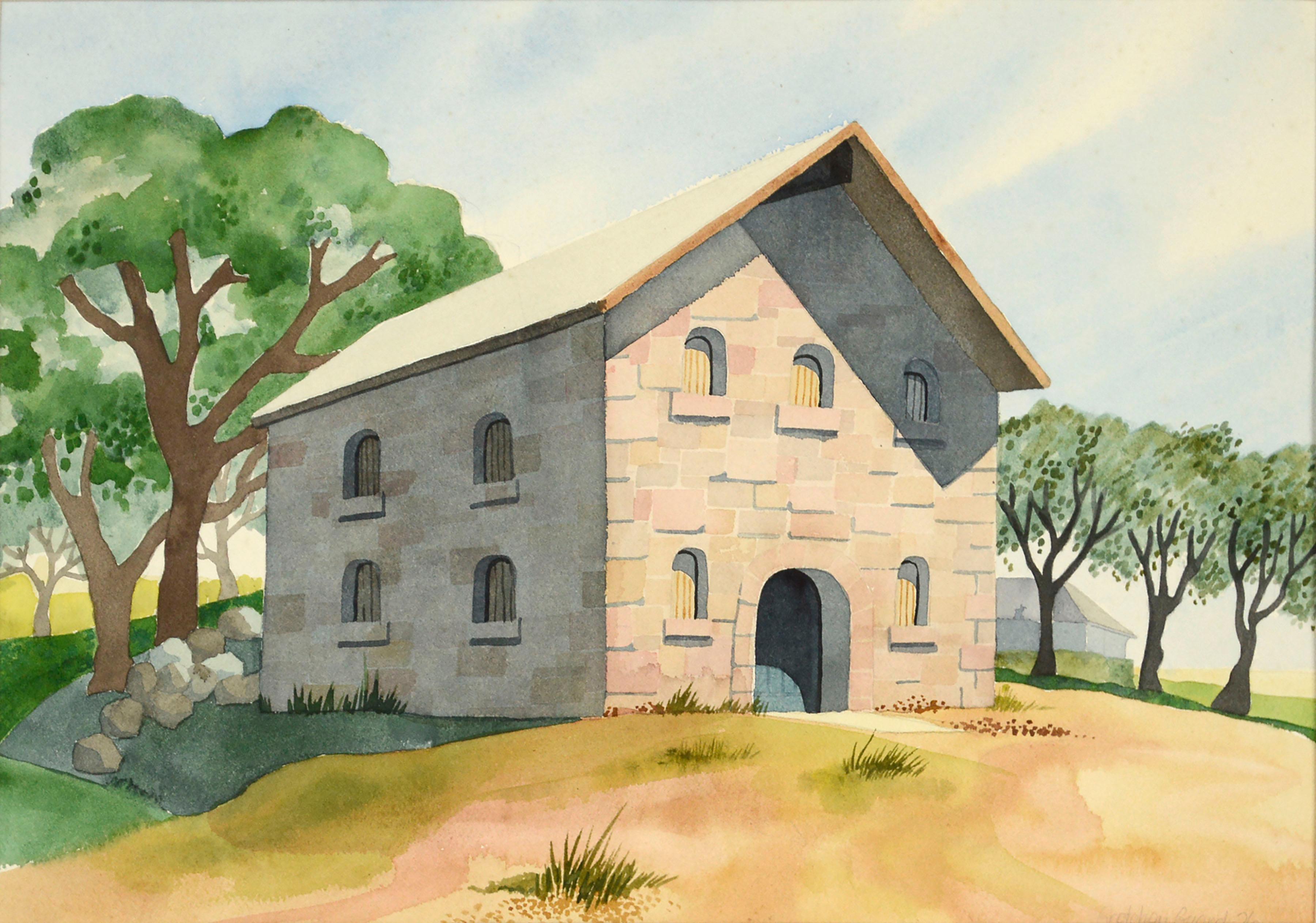 Stone Barn on the Hilltop, Landschafts-Aquarell, 1970er Jahre – Art von Gretchen Guard