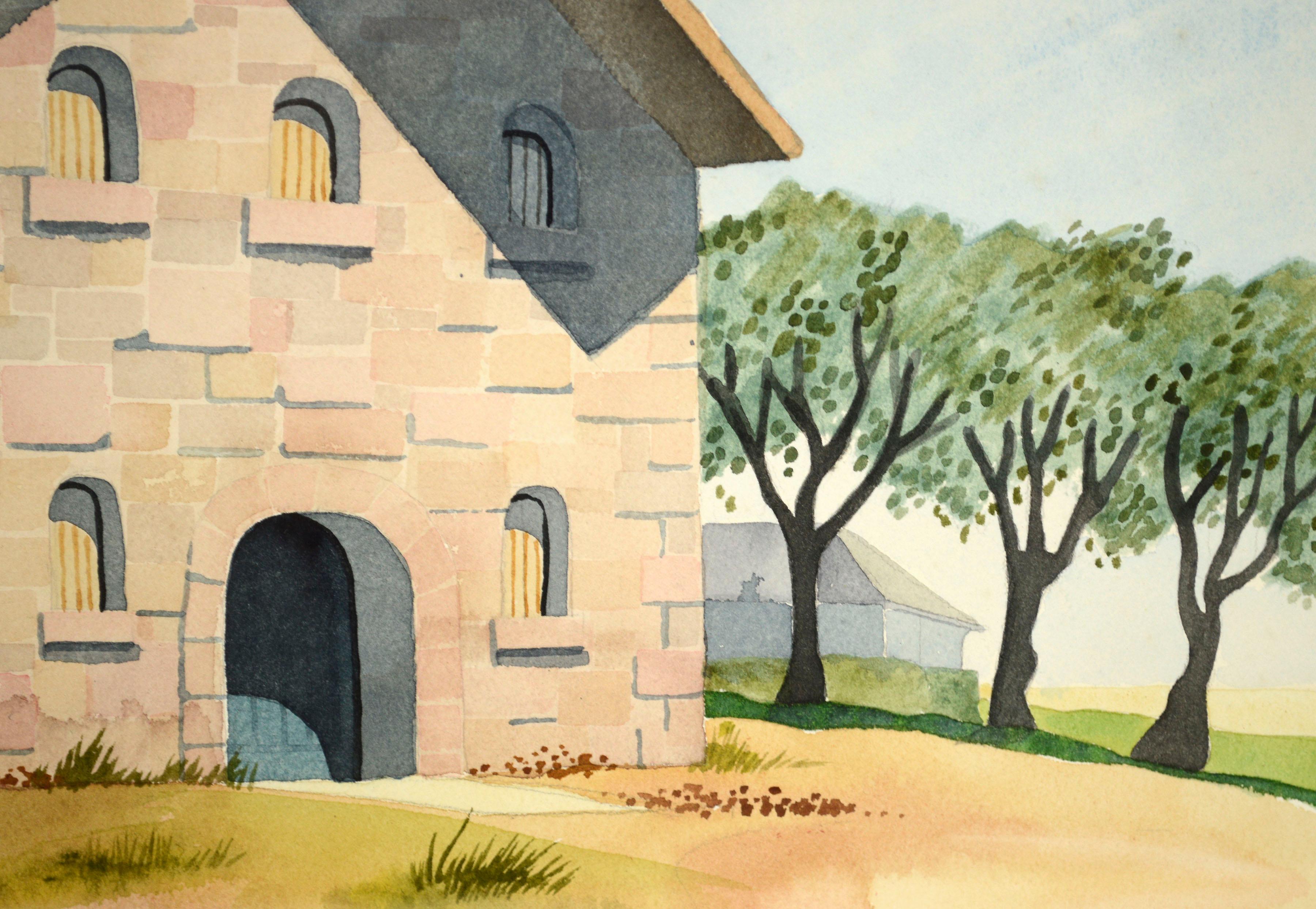 Stone Barn on the Hilltop, 1970's Landscape Watercolor - Brown Landscape Art by Gretchen Guard