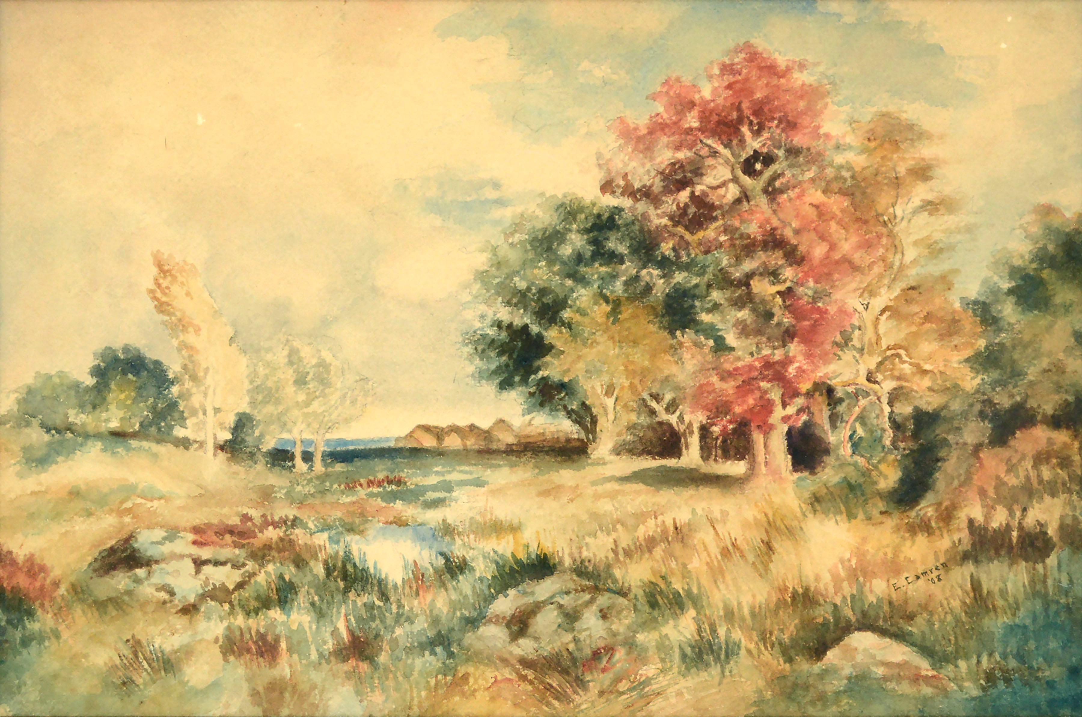 Early 20th Century Autumn Landscape Watercolor  - Art by E. Camren