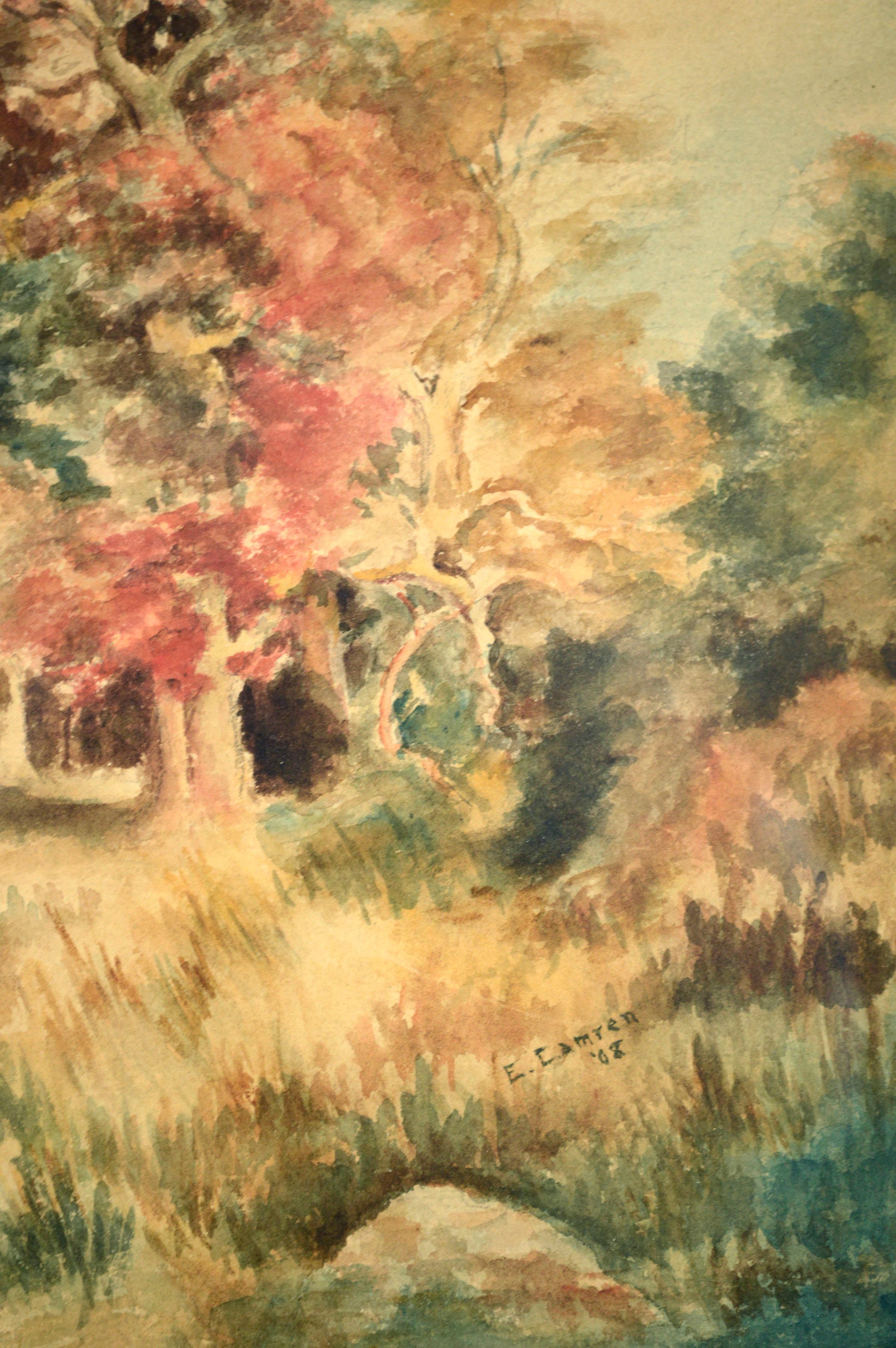 Early 20th Century Autumn Landscape Watercolor  - Brown Landscape Art by E. Camren