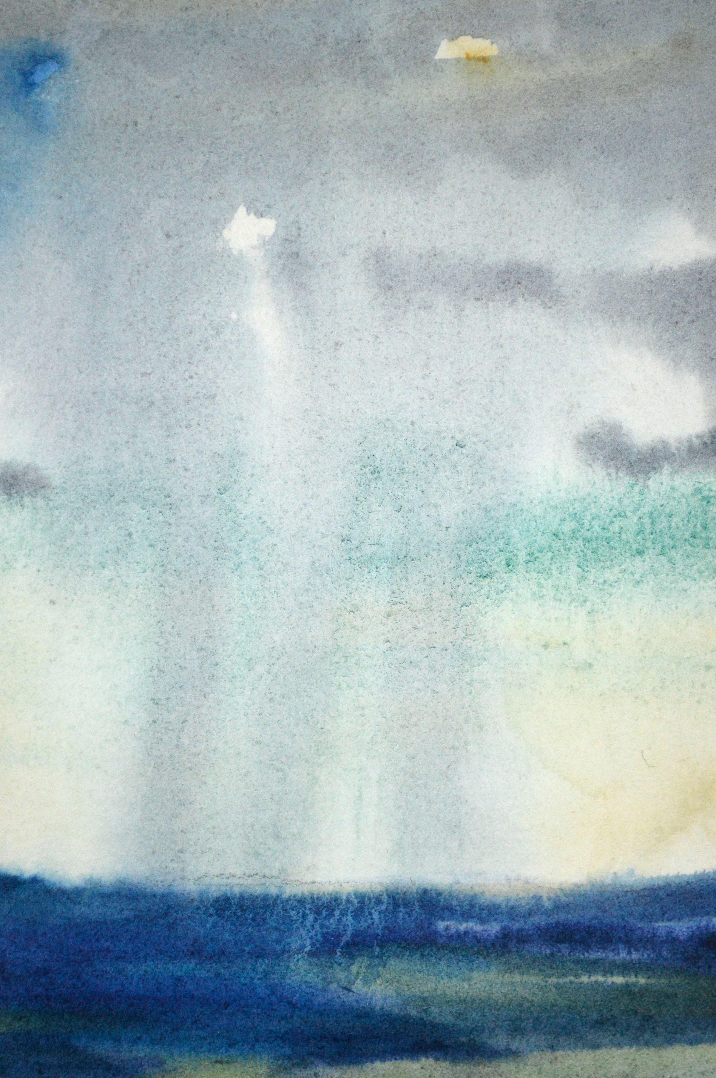 Magnifique paysage d'aquarelle du milieu des années 1930 représentant une vaste vallée avec une tempête de pluie au loin, réalisé par l'artiste californien Leslie Bruner Wulff (Américain, 1890-1968). L'atmosphère et le sentiment d'une tempête