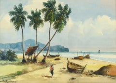Figuras en la Playa, Acuarela de Paisaje de Mediados de Siglo de la Costa Este de Java Indonesia