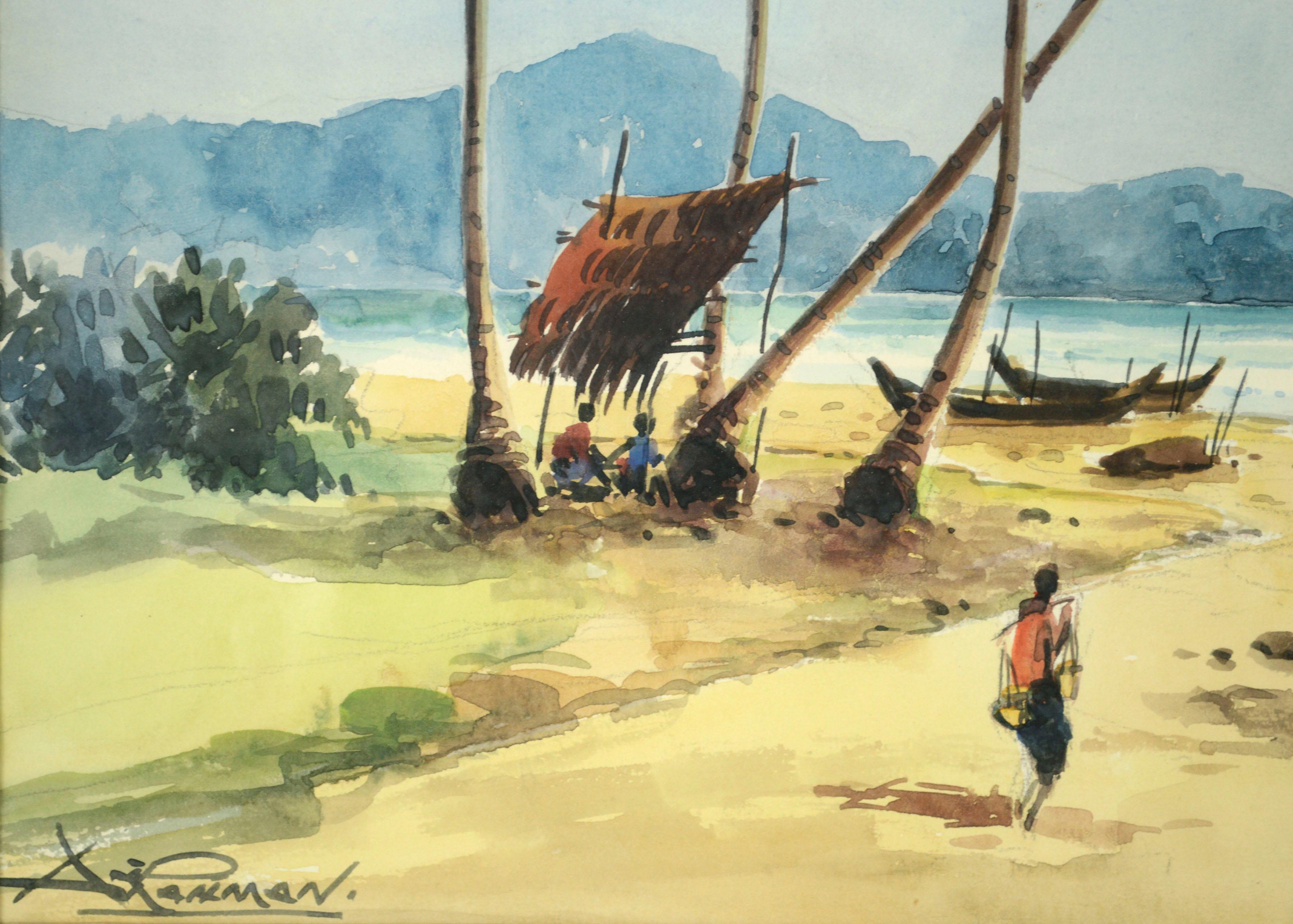 Figures on the Beach, Mid Century East Java Indonesia Coast Landscape Watercolor - Impressionist Art by Amang Rahman Jubair