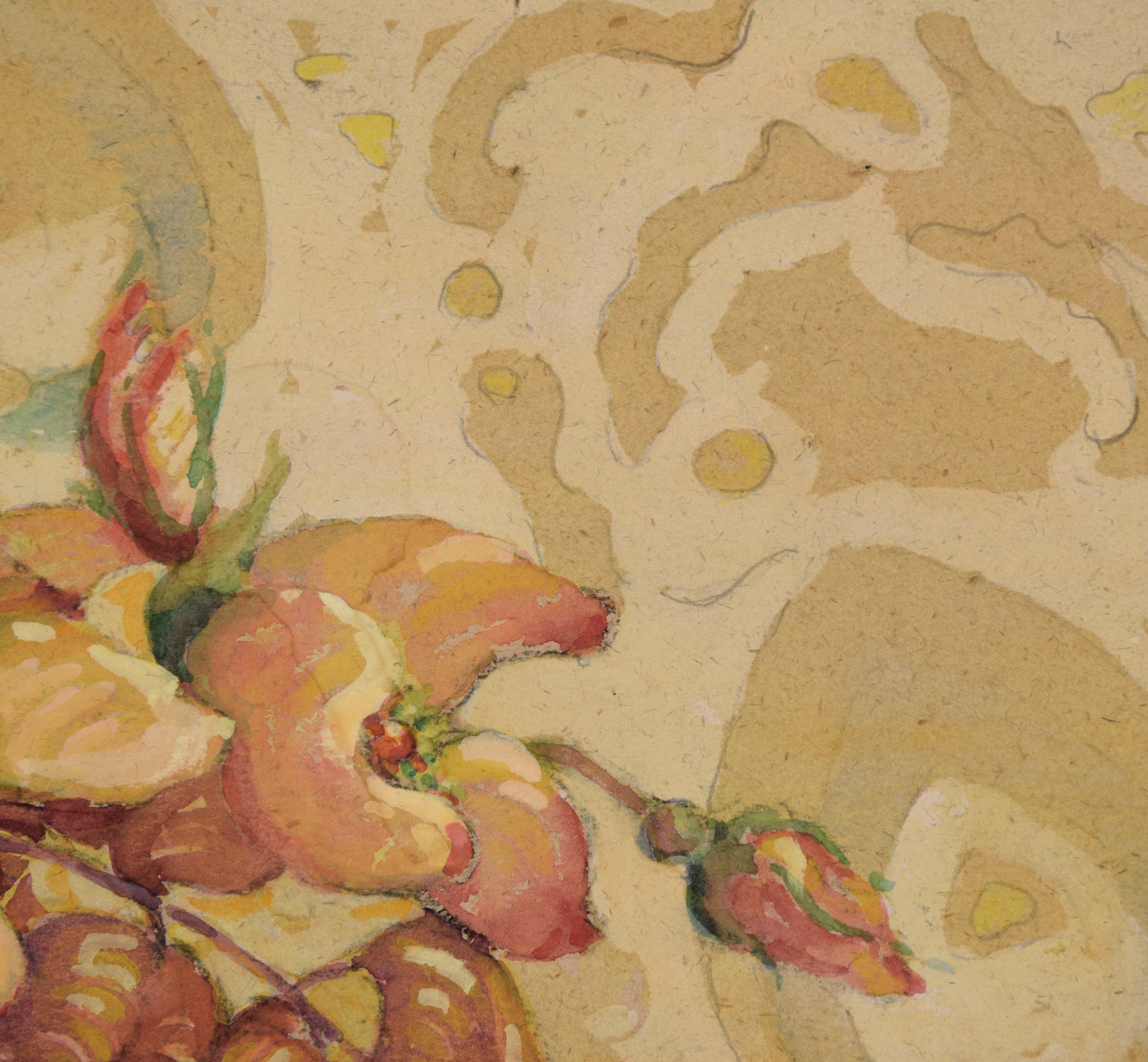 Lebendiges Stillleben von Free Dean (Amerikaner, 1907-1987). Gekonnt ausgeführte Darstellung von gelben, roten und orangenen Blumen in einem Topf. Links neben dem Arrangement steht ein kleiner, mit Figuren verzierter Krug. Die Spiegelungen auf dem