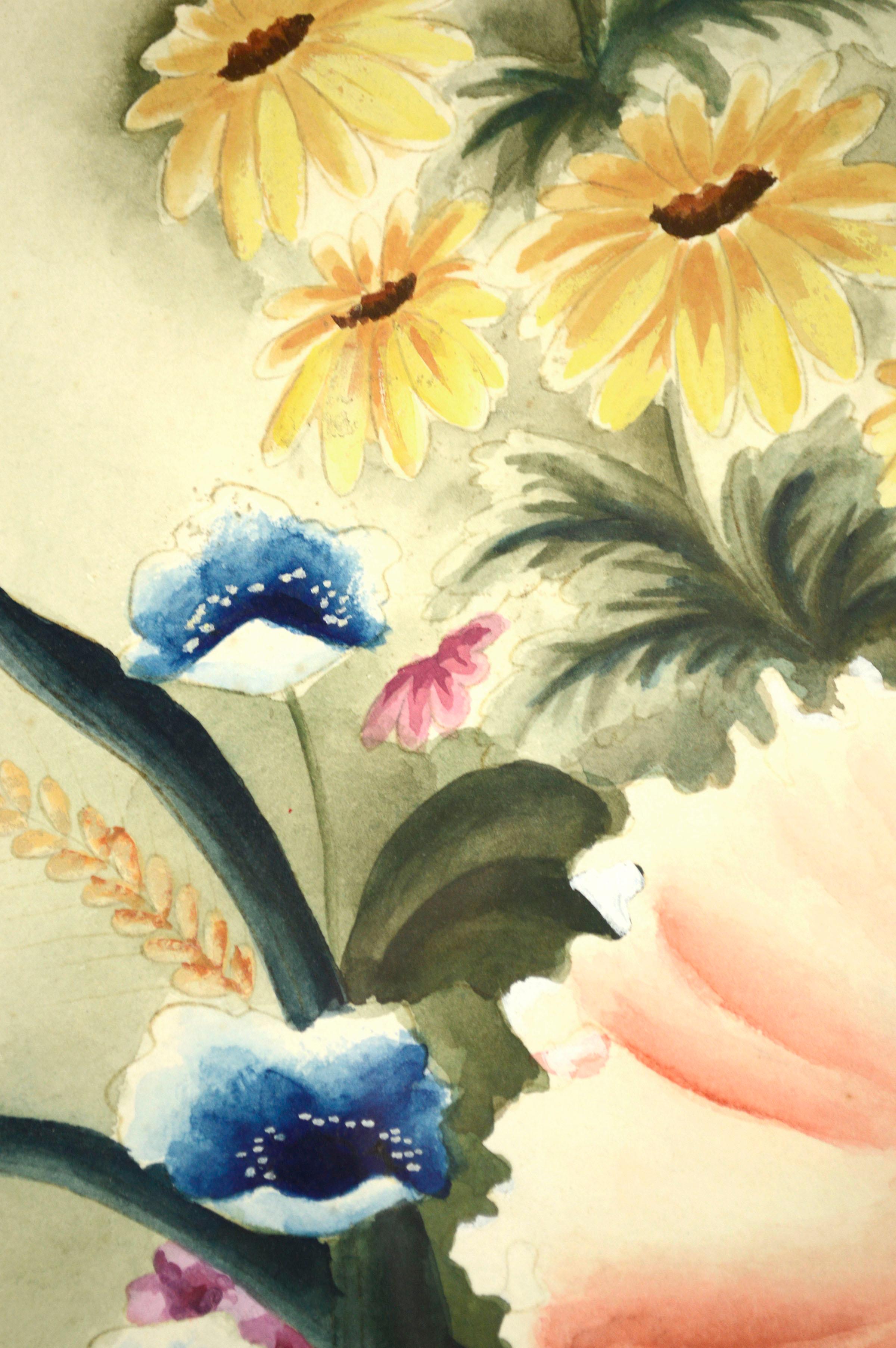 Schönes Blumenaquarell-Stillleben aus der Mitte des Jahrhunderts mit einem Strauß bunter Wildblumen von Jane Boyd (20. Jahrhundert), ca. 1960er Jahre. Der schöne Strauß zeigt eine korallenrosa Blume in voller Blüte, umgeben von blauem Mohn, gelben