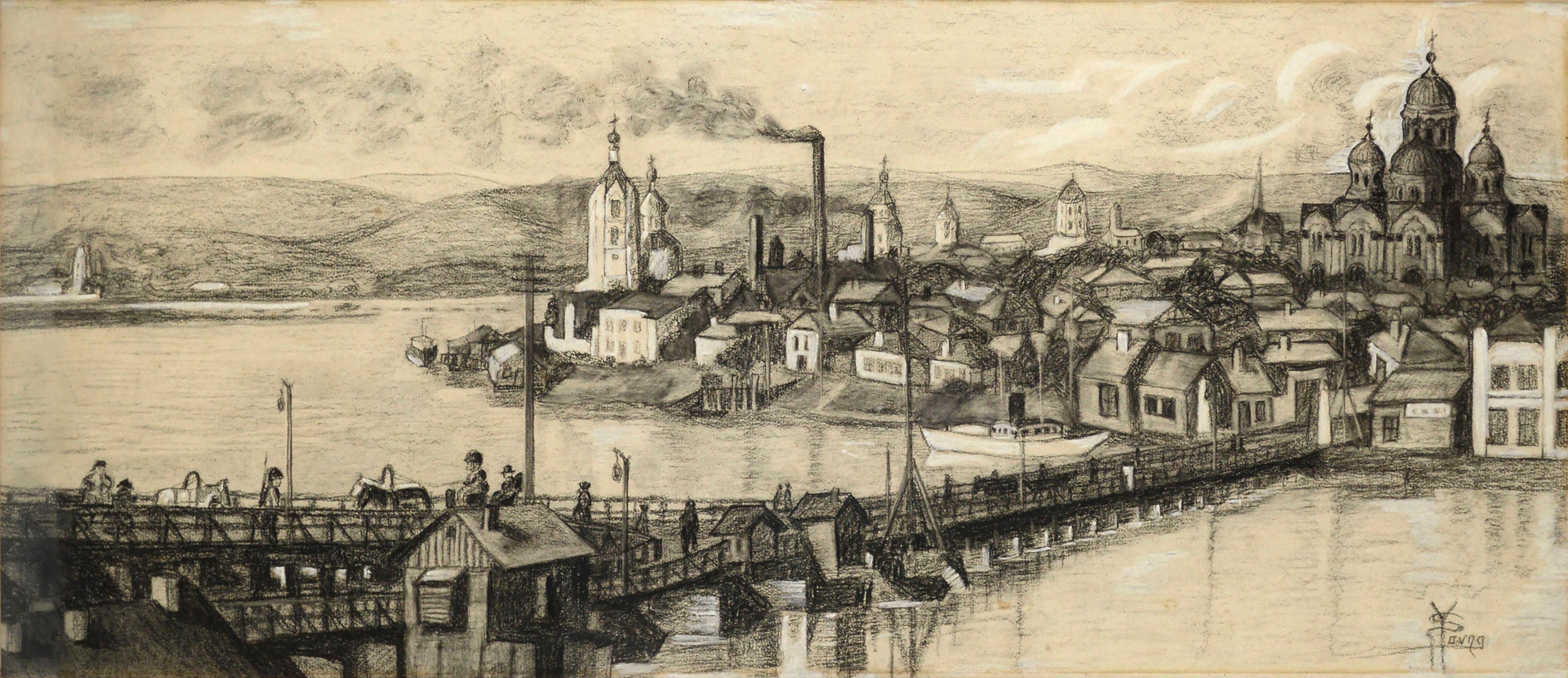 View of Tallinn, Estonia - Figurative Landscape Panoramic Charcoal Drawing  - Art by Unknown