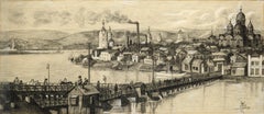 View of Tallinn, Estonia - Figurative Landscape Panoramic Charcoal Drawing