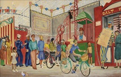 Mid Century Santa Cruz, California Figurative Vintage Boardwalk Scene, 1944