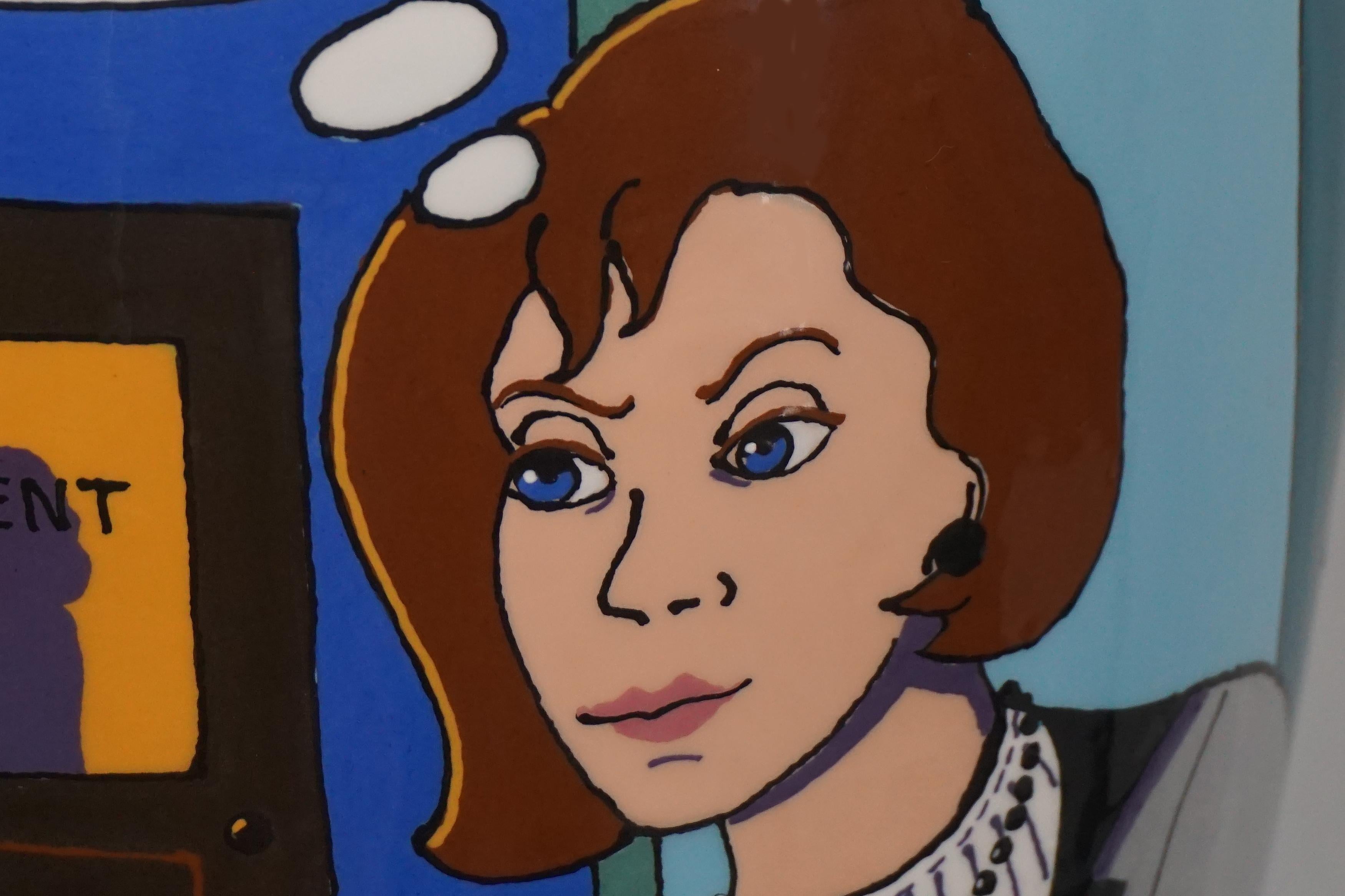 Vaso di grandi dimensioni con la pop art di Roy Lichtenstein che raffigura Bill e Hillary Clinton e lo scandalo che ha portato all'impeachment. Dell'artista della ceramica Kay Bynum (americana, 1946 - 2009) e di suo marito e collaboratore Richard