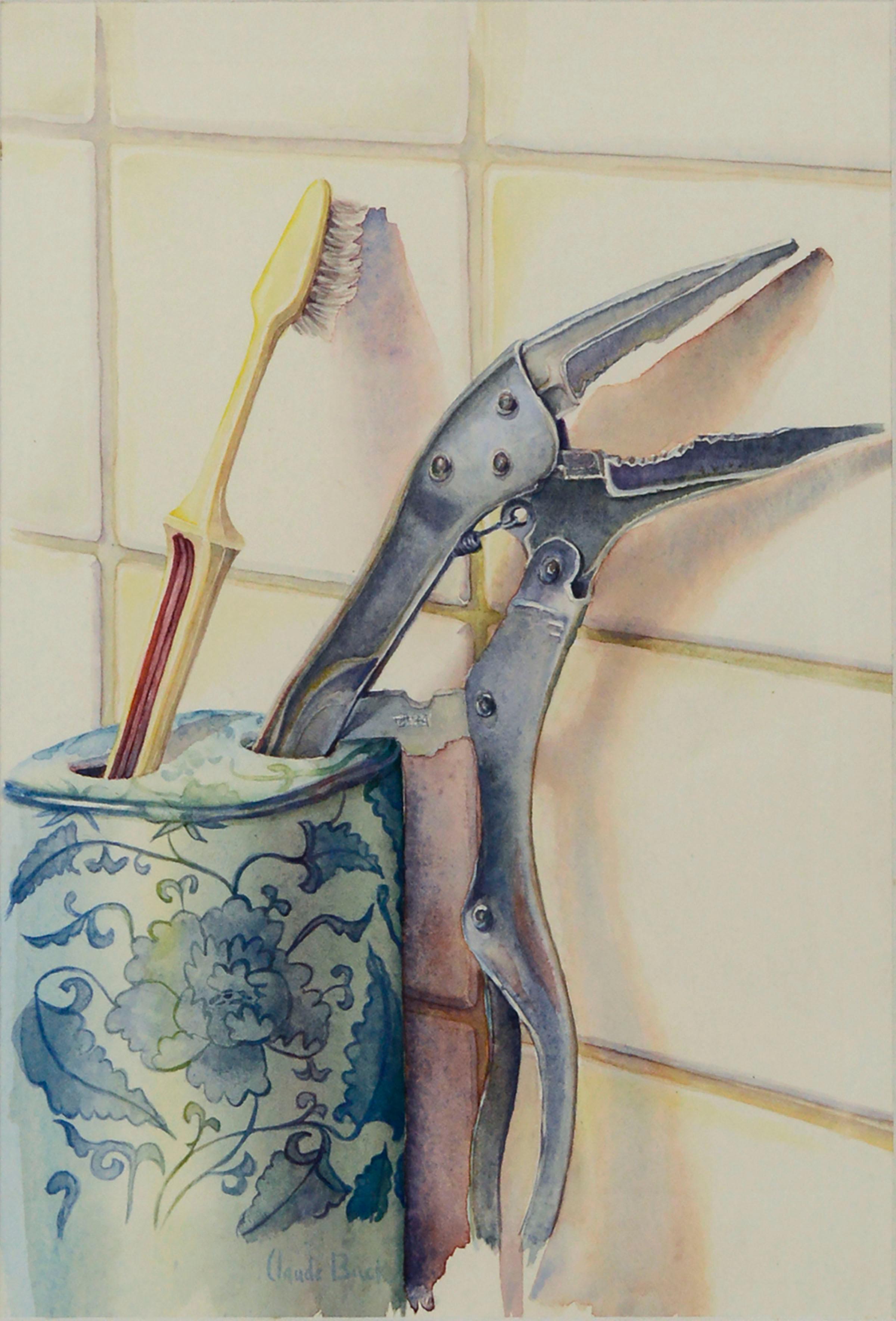 Mid-Century Modern Realistisches Aquarell-Stillleben mit Zahnbürsten und Werkzeug – Art von Claude Buck