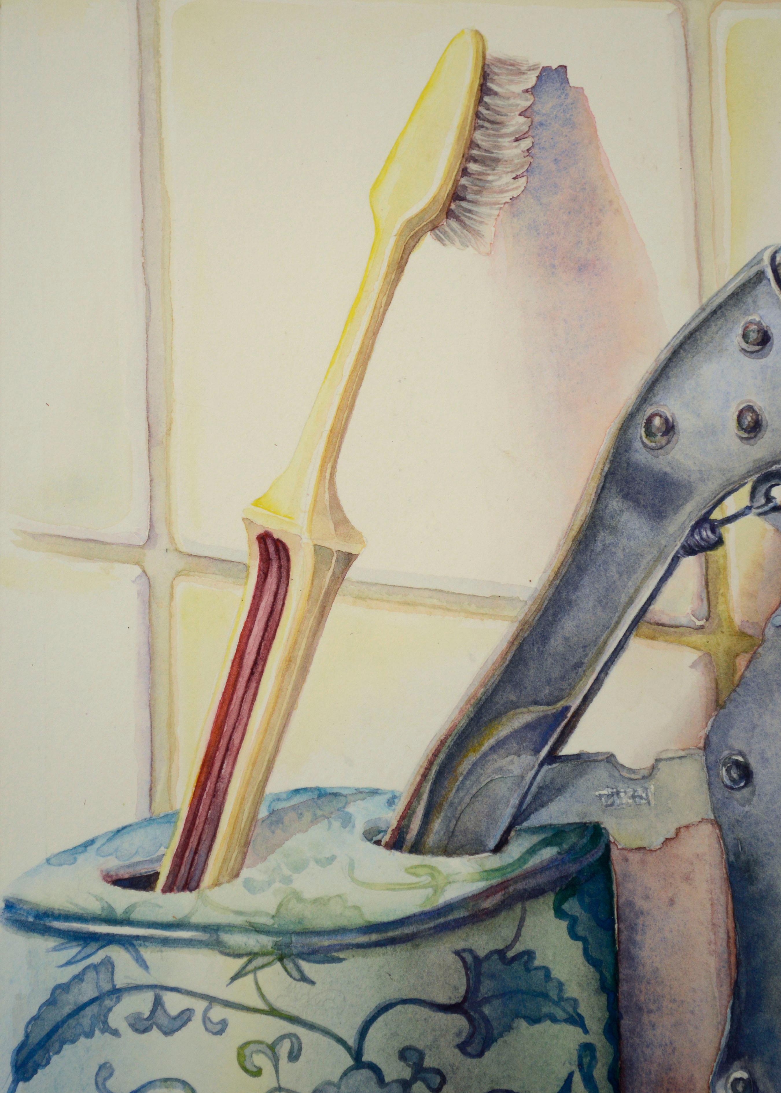 Mid-Century Modern Realistisches Aquarell-Stillleben mit Zahnbürsten und Werkzeug (Amerikanischer Realismus), Art, von Claude Buck