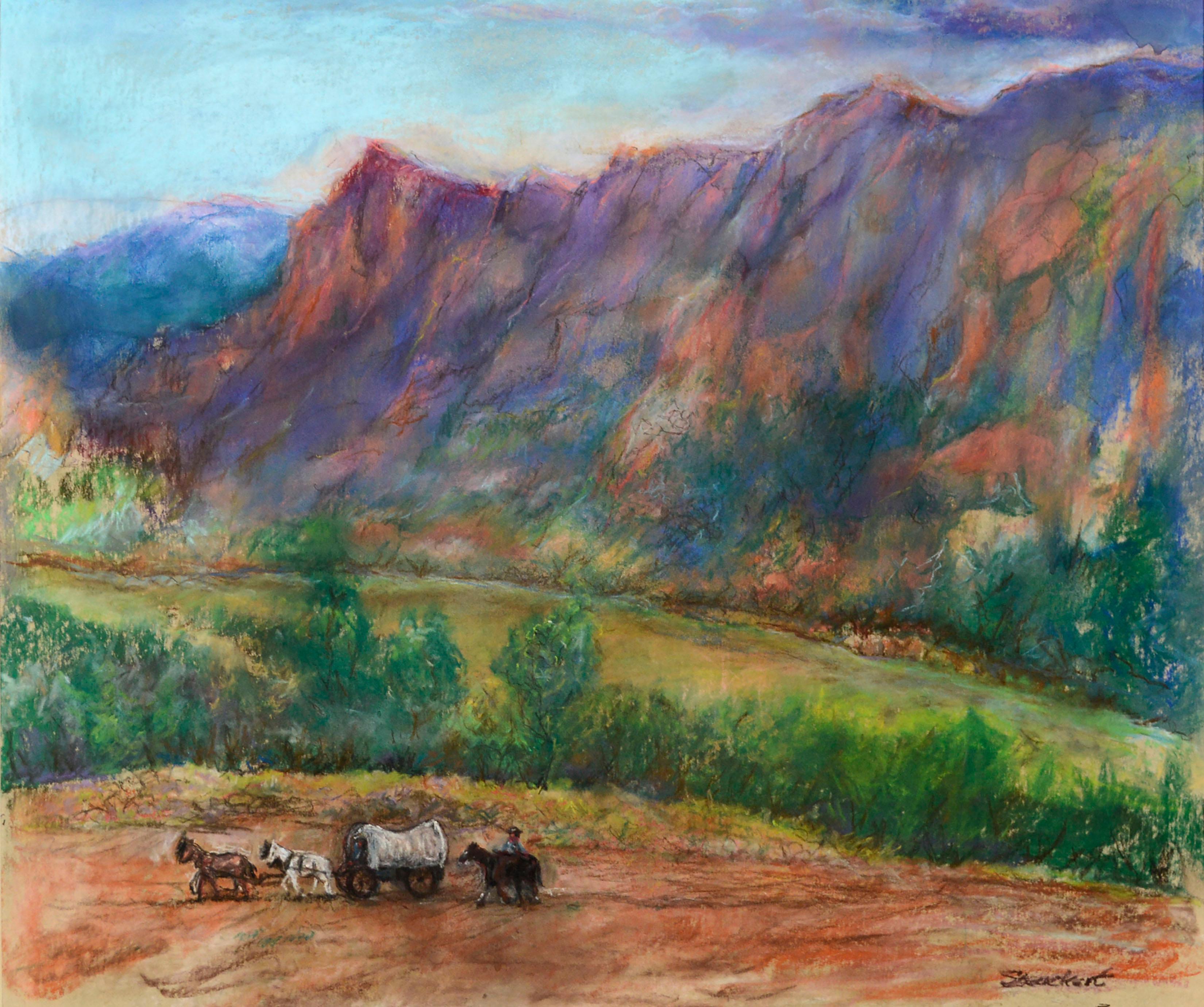 Pioneer Mountain Landscape with Horse and Buggy, Multi-Color Pastel - Art by Unknown