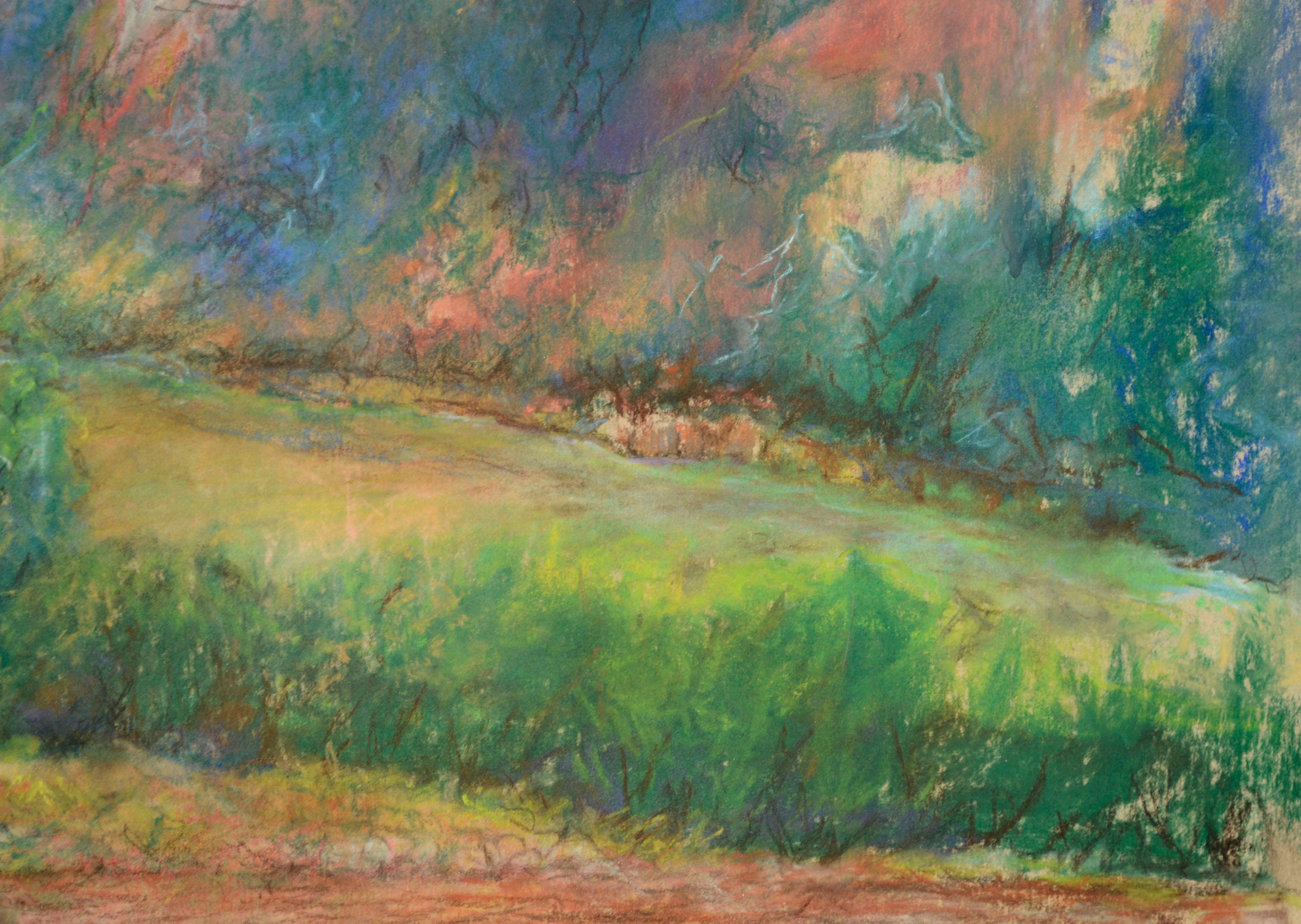 Pioneer Mountain Landscape with Horse and Buggy, Multi-Color Pastel - American Impressionist Art by Unknown