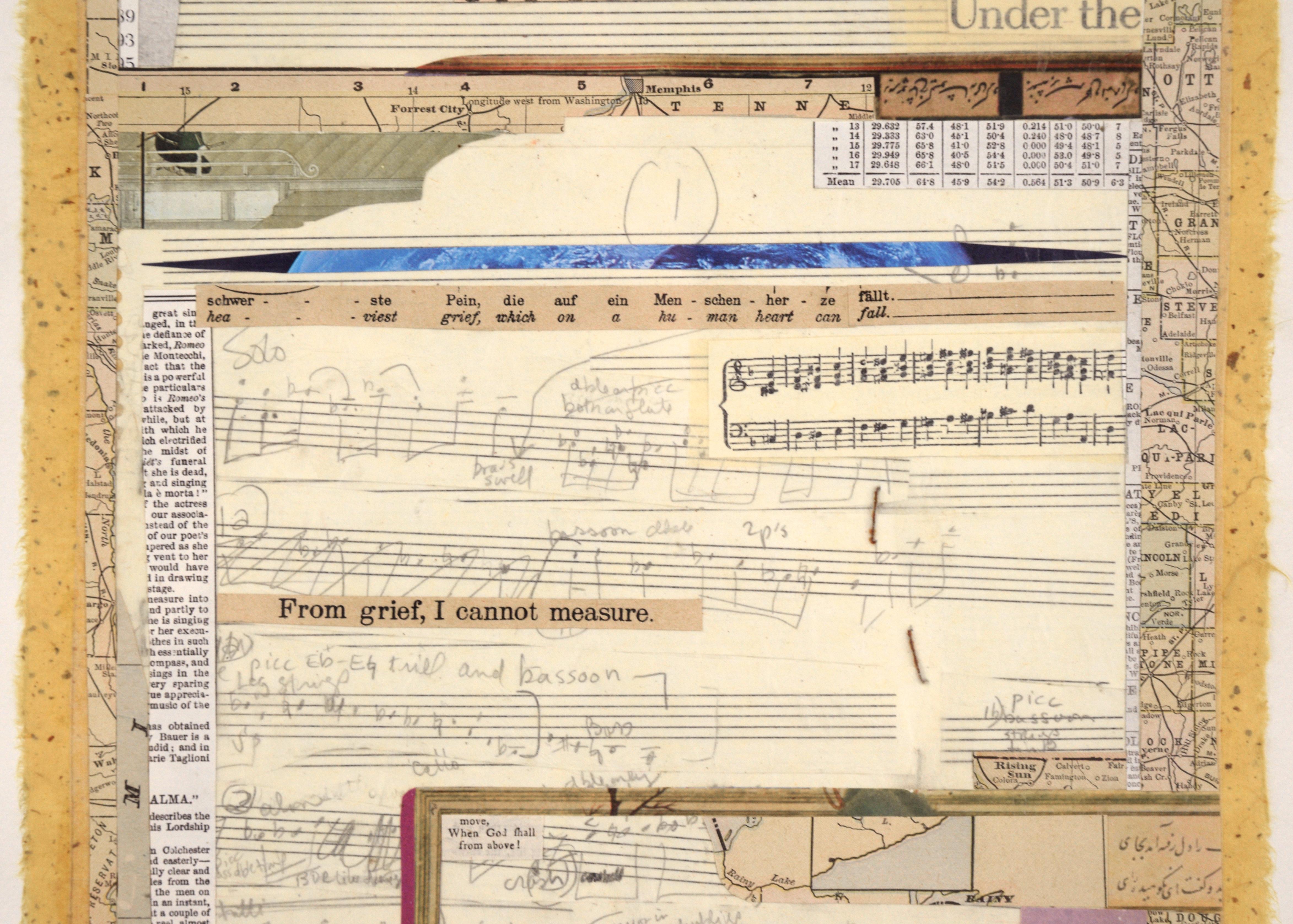 Intricate and layered two-part composition by notable collage artist Graham Moody (American, b. 19XX). Two vertical panels are composed primarily of handwritten musical scores and notations, mounted on maps. Layered atop the sheet music art sections