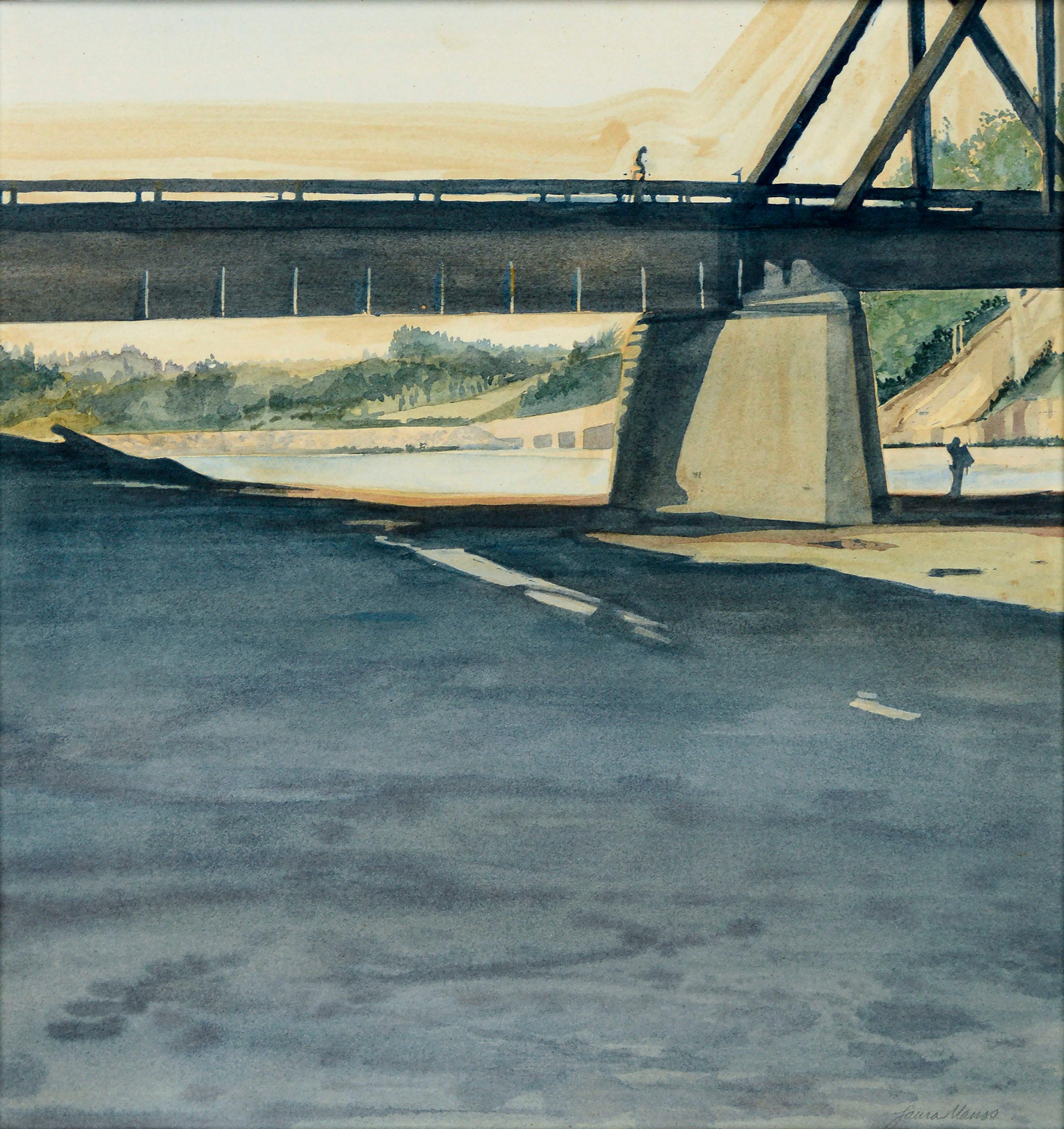 Bridge de traîneau de chemin de fer à quai de Santa Cruz, paysage figuratif vintage  - Art de Laura Manss Matarazzo