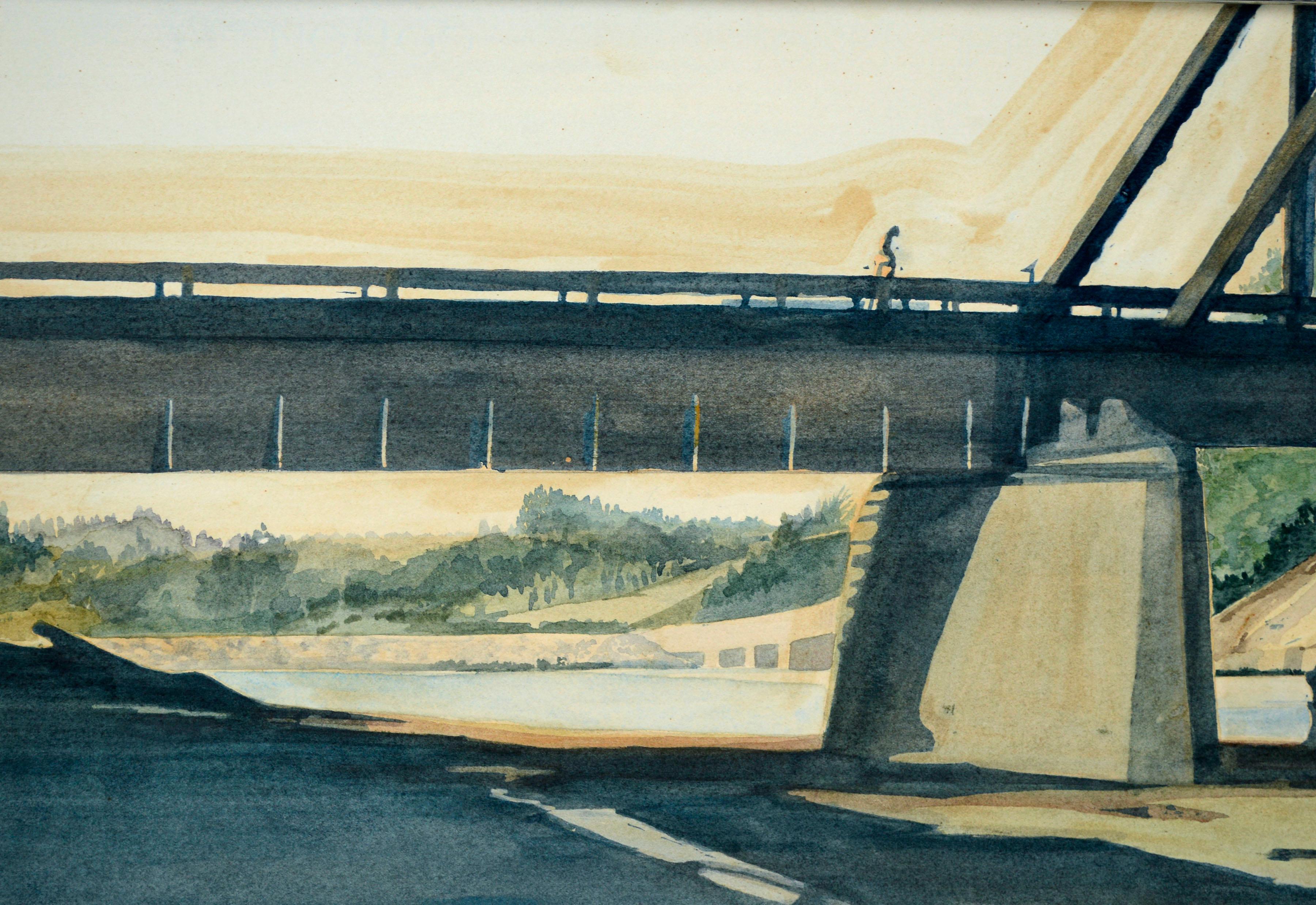 Bridge de traîneau de chemin de fer à quai de Santa Cruz, paysage figuratif vintage  - Réalisme américain Art par Laura Manss Matarazzo