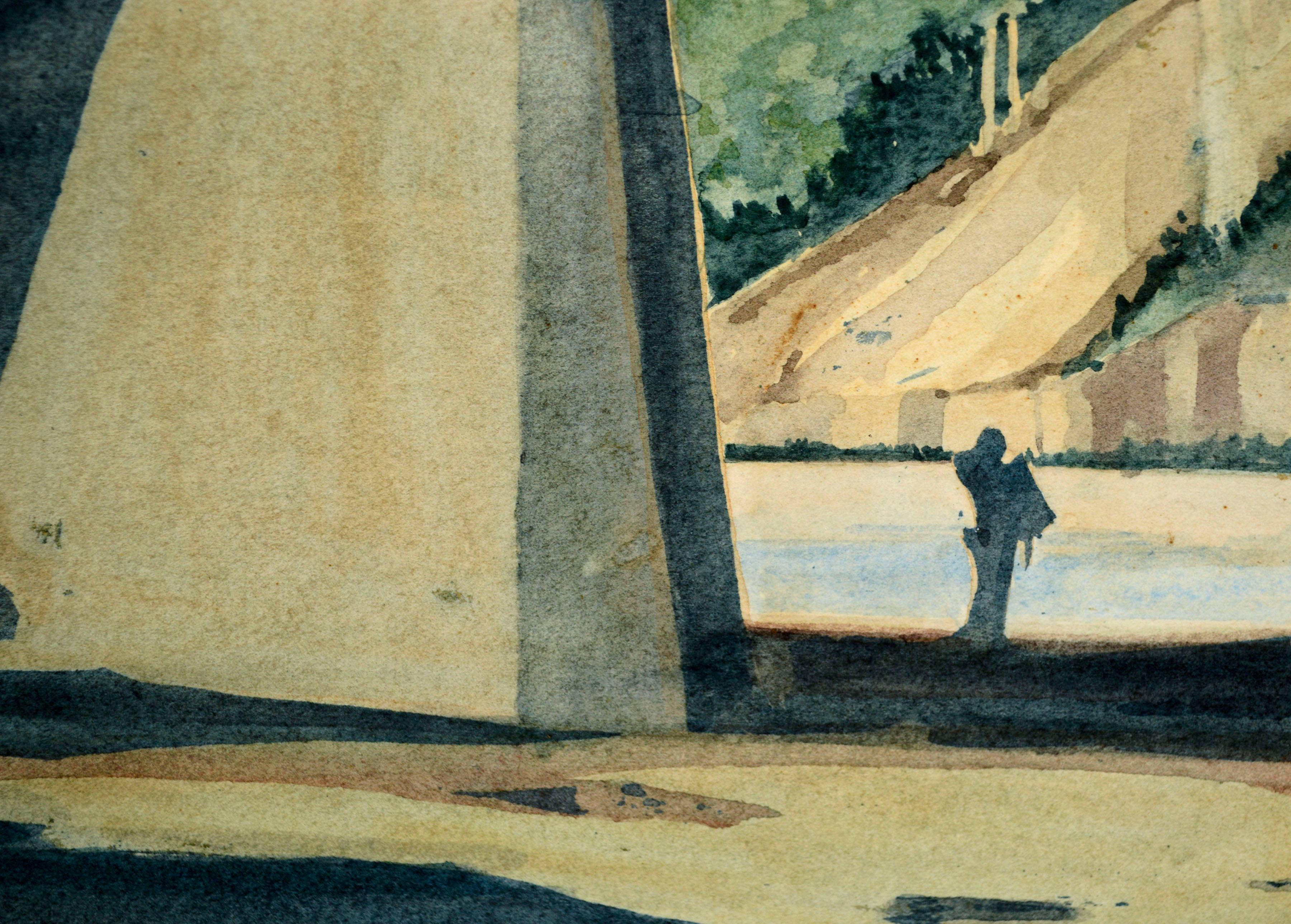 Aquarelle de paysage vintage du milieu des années 1970 représentant de petites figures sur le célèbre pont du chemin de fer Santa Cruz Boardwalk par Laura Manss Matarazzo (américaine, née en 1955), 1975. Cette représentation du pont emblématique est