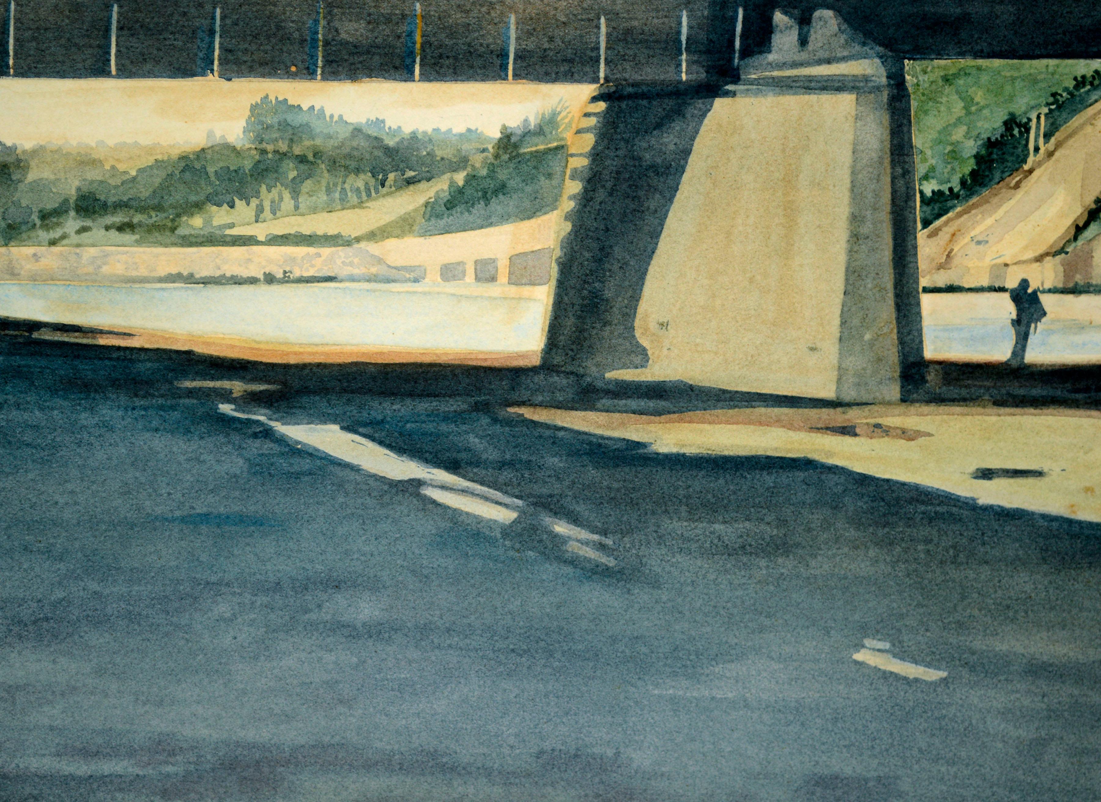 Ponte sul cavalletto della ferrovia di Santa Cruz, paesaggio figurativo d'epoca - Figurative Art Grigio di Laura Manss Matarazzo