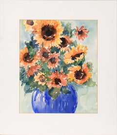 Vintage Sunflowers in a Blue Vase - Still Life