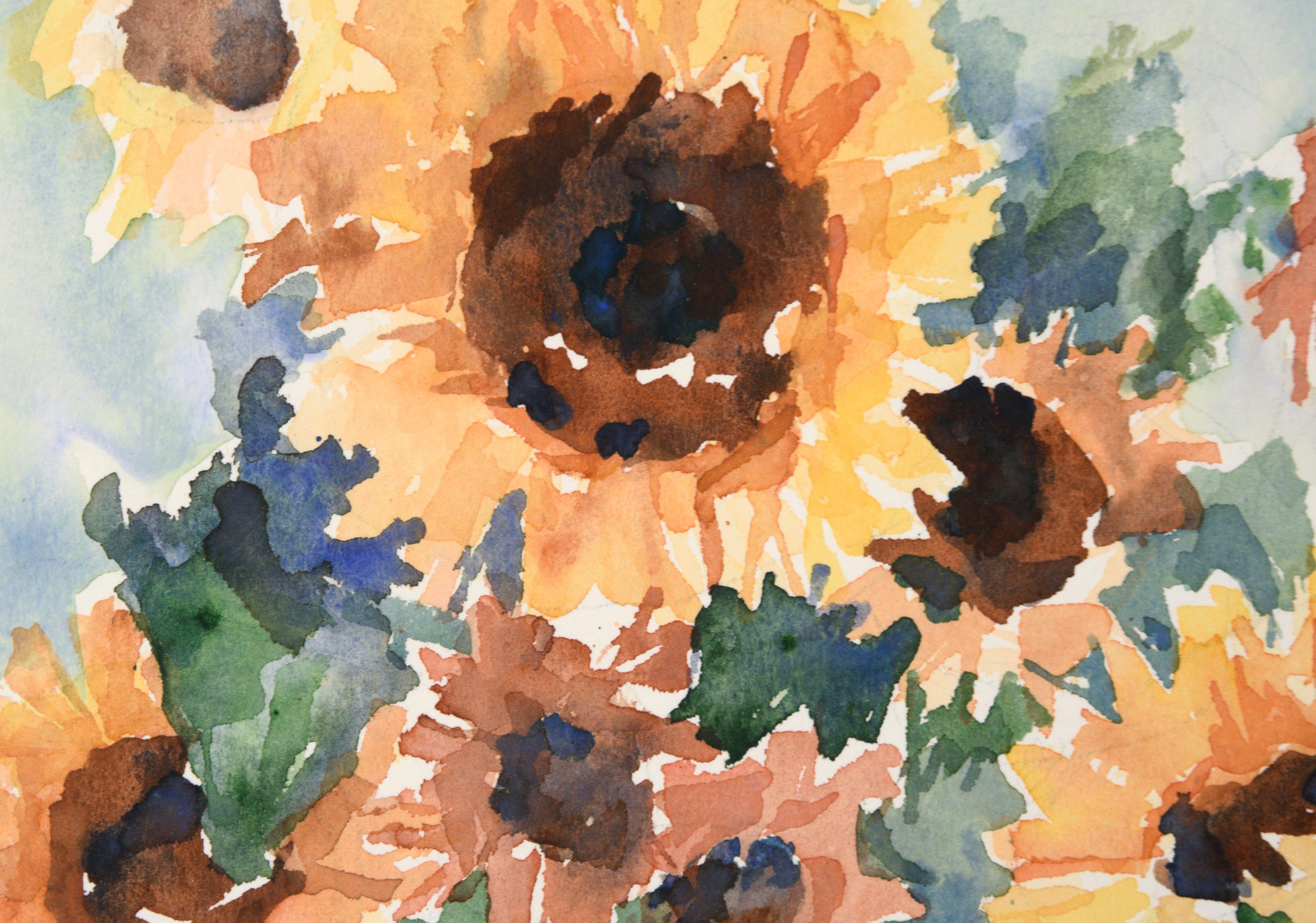 Sonnenblumen in einer blauen Vase – Stillleben (Amerikanischer Impressionismus), Art, von D Bennett