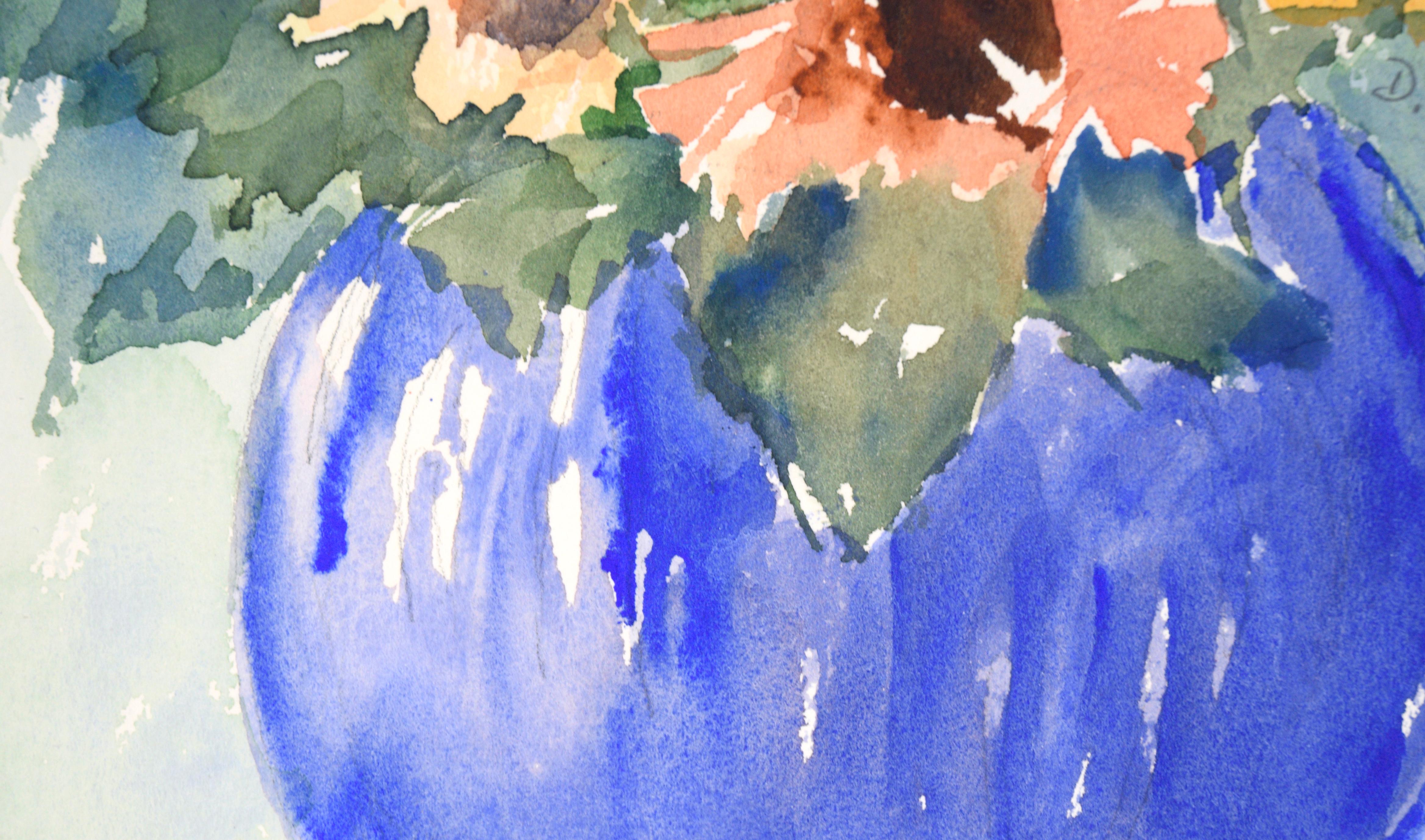 Sonnenblumen in einer blauen Vase – Stillleben im Angebot 2