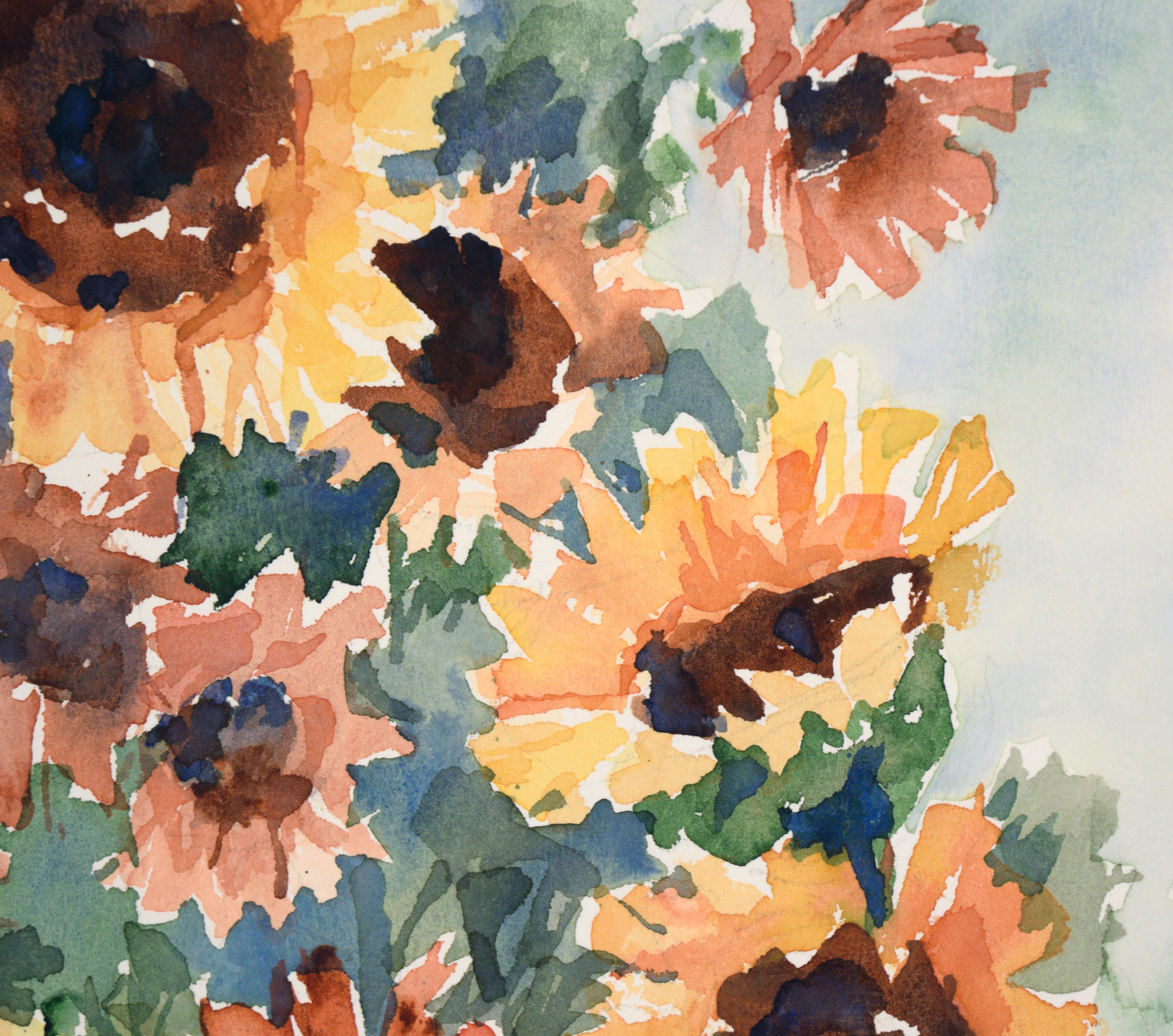Sonnenblumen in einer blauen Vase – Stillleben (Beige), Still-Life, von D Bennett