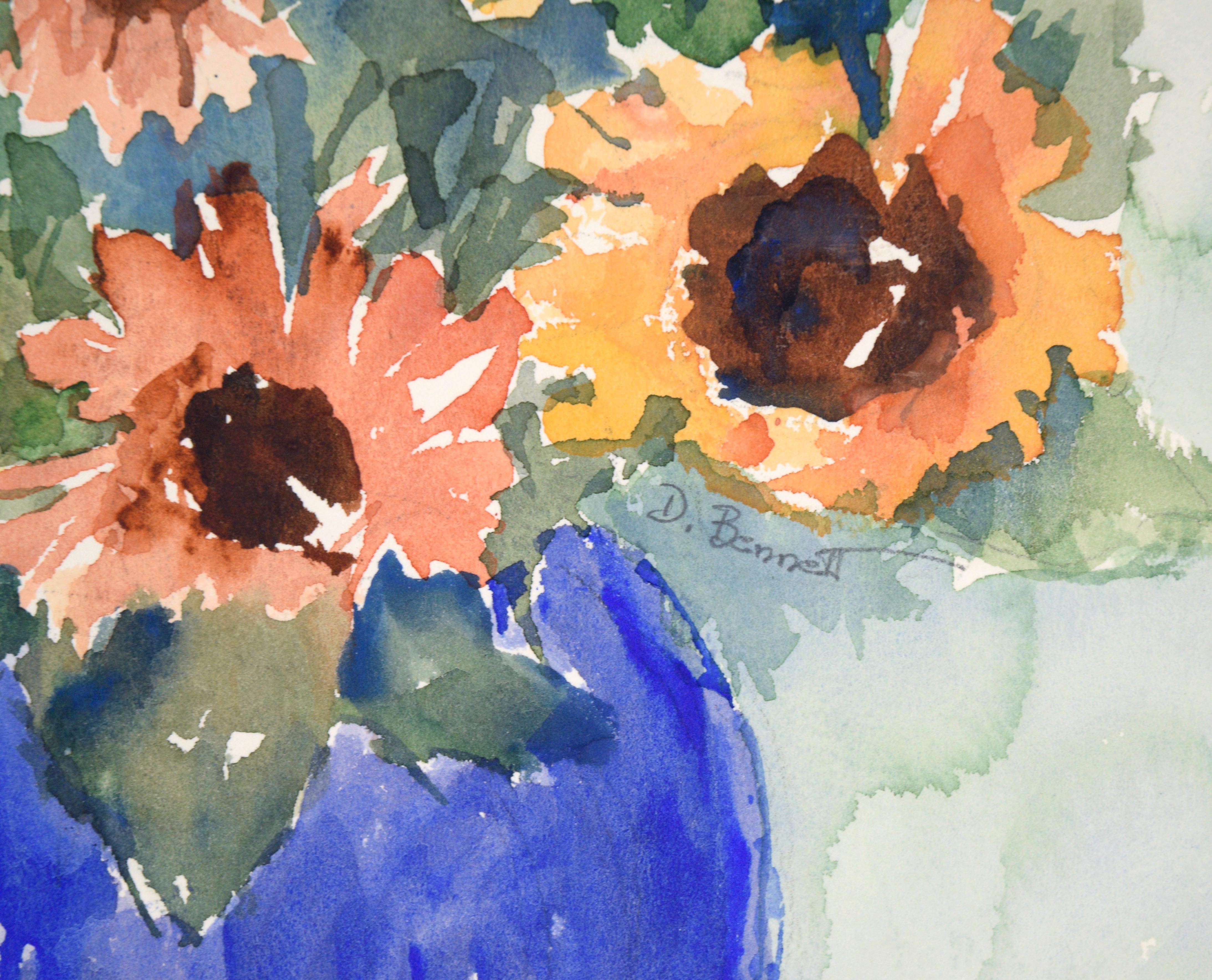 Sonnenblumen in einer blauen Vase – Stillleben im Angebot 1