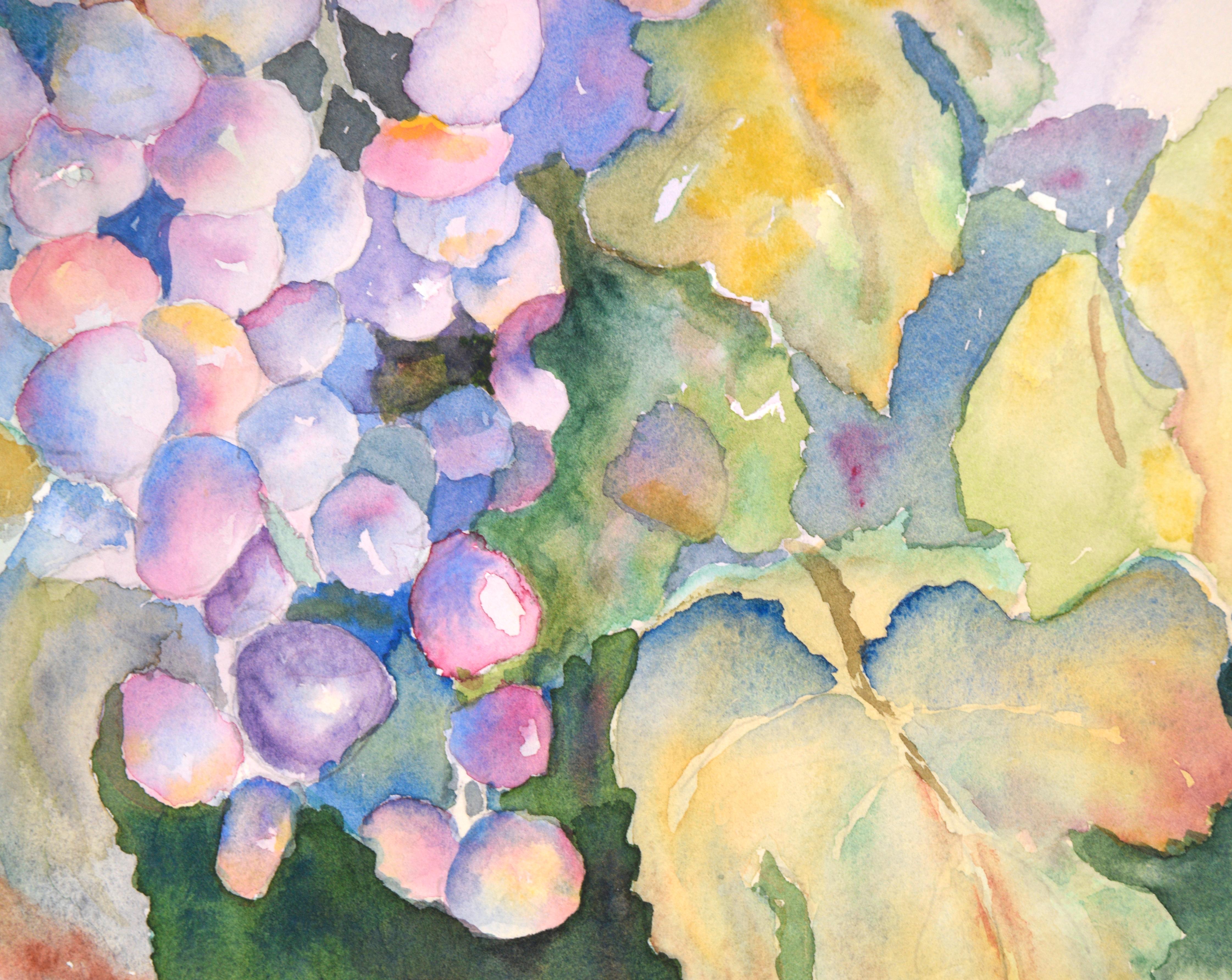 Lebhaftes Stillleben von Weintrauben an der Rebe von einem unbekannten Künstler (20. Jahrhundert). Eine Traube mit leuchtend violetten und roten Trauben lugt hinter üppig grünen Reben und Blättern hervor.

Signiert (unleserlich) in der rechten