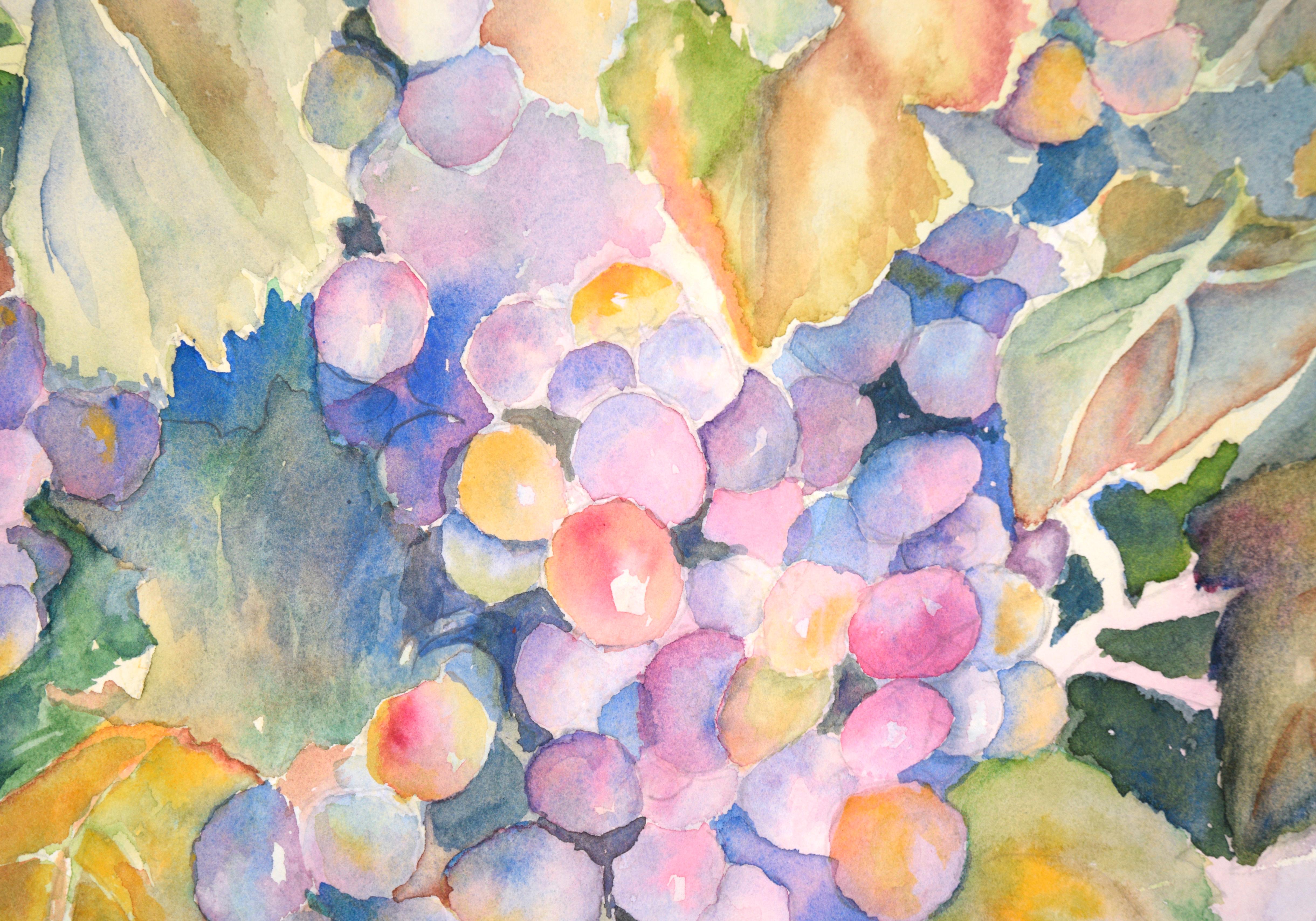 Vibrant still life of grapes on the vine by an unknown artist (20th Century). A bunch of bright purple and red grapes peek out from behind lush green vines and leaves.

Signed (illegible) in the lower right corner.
Presented in a new warm grey