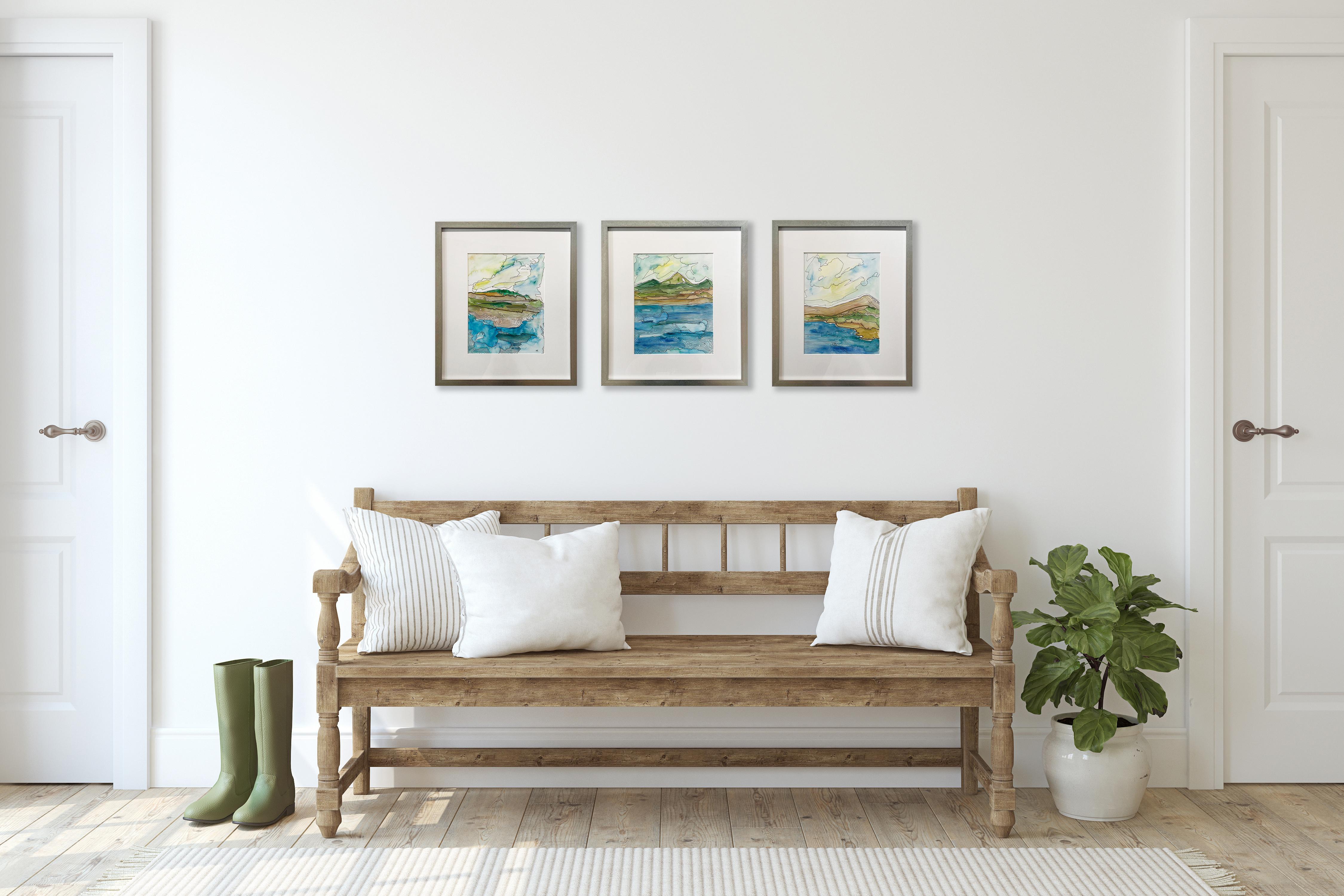 This abstract landscape painting by Melissa Kircher is made with watercolor and ink on paper. It features intricate line work over washes of paint to create a whimsical coastal hill-scape scene in a cool and earthy palette. The painting itself is