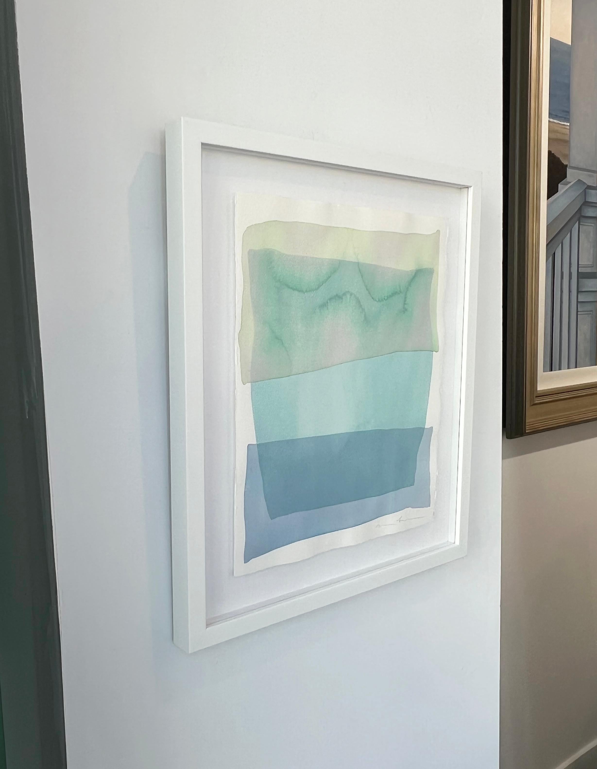 This original abstract watercolor painting by Nealy Hauschildt features a cool palette. Inspired by the salty surf of Cisco beach on Nantucket, MA, this painting captures a coastal feel through washy planes of color layered over one another. The