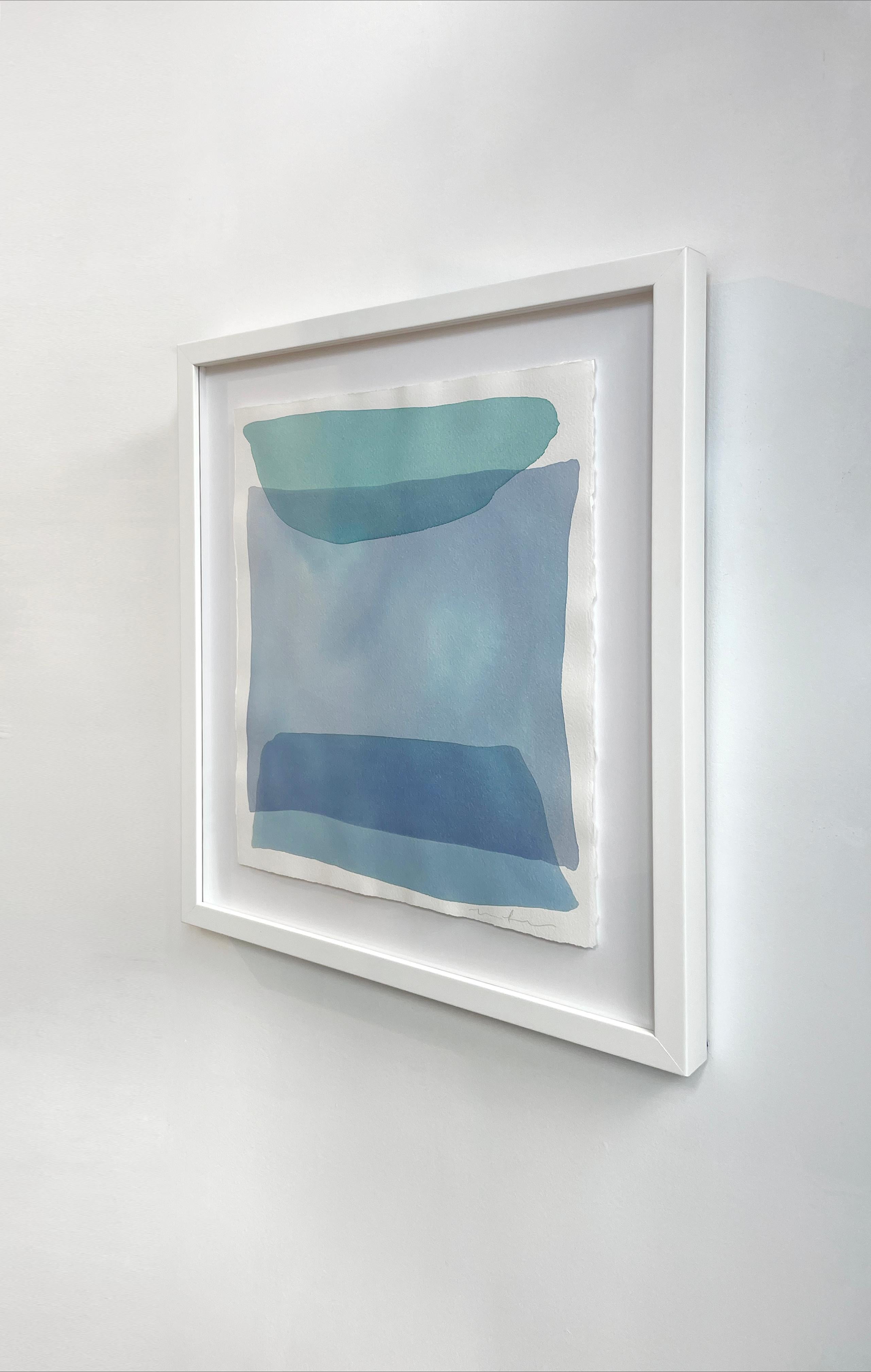 This small original abstract watercolor painting by Nealy Hauschildt features a palette that combines washes of varying blue and turquoise tones.  It is named for, and inspired by, the south shore beach in Nantucket, MA. The painting is 13.5
