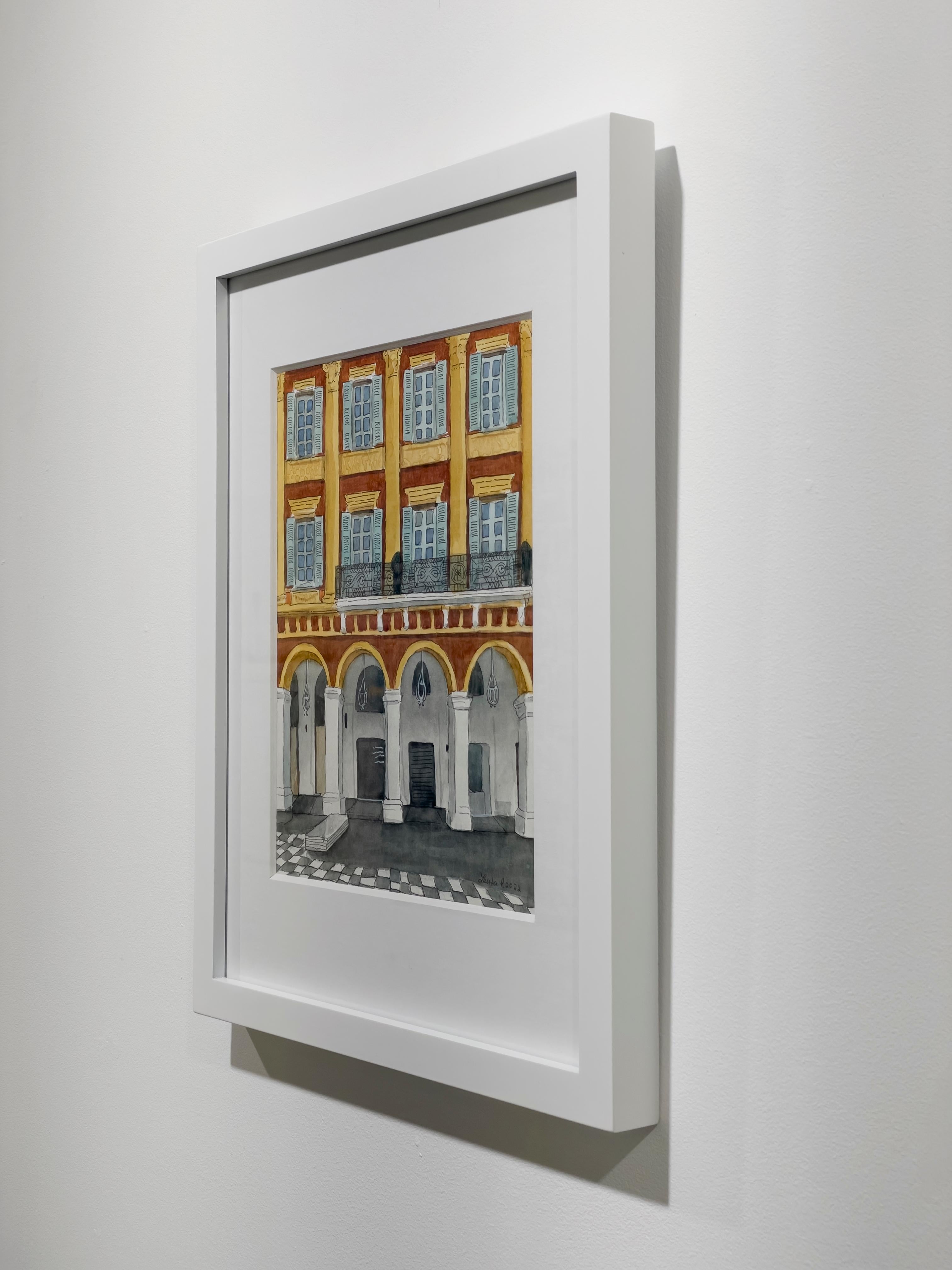 This original architectural illustration by Laerta Premto is made with watercolor and ink on paper. It captures a building structure with warm orange and yellow hues, inspired by the artist's time in Nice, France. The painting itself is 10