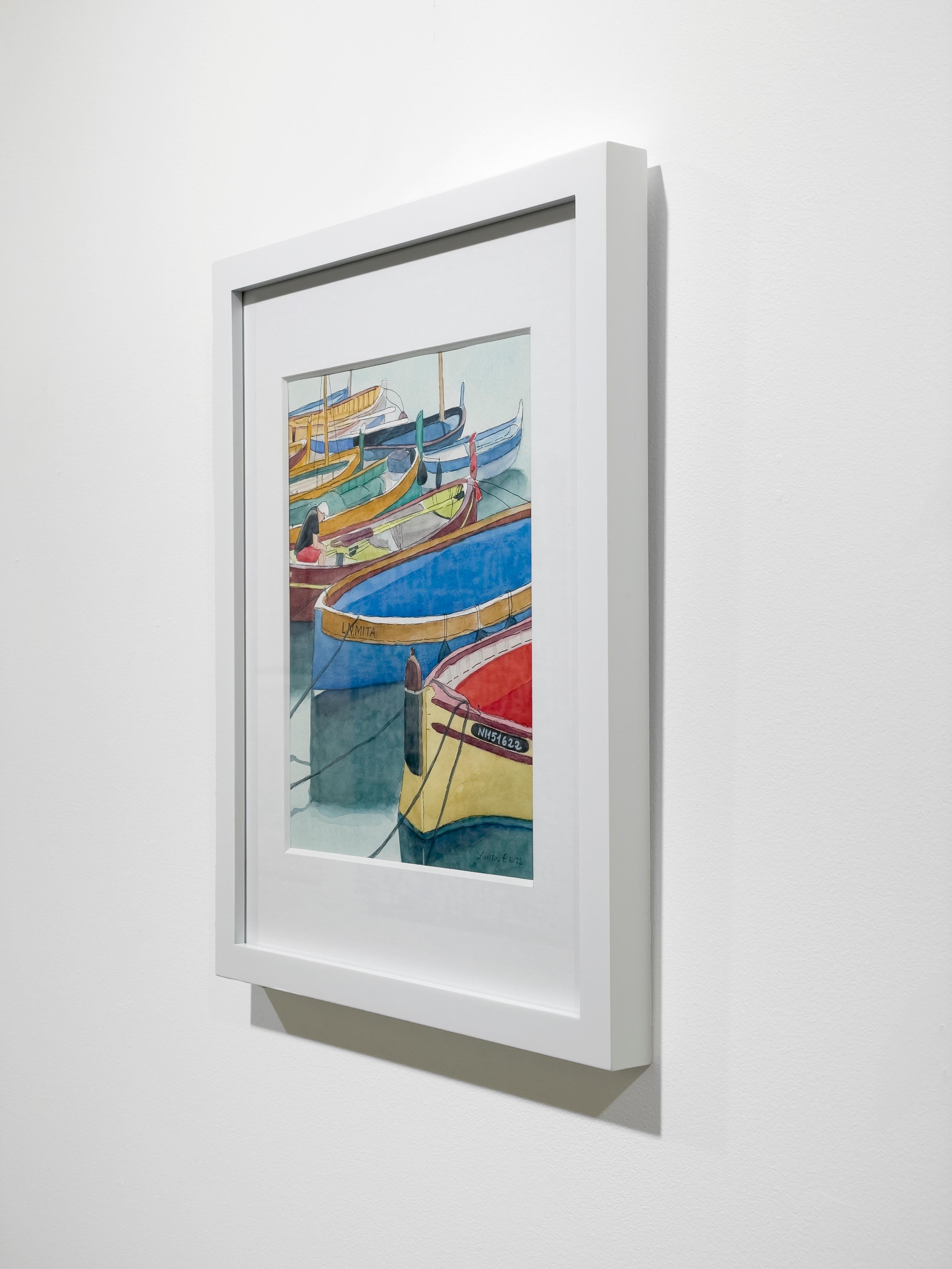 This original nautical illustration by Laerta Premto is made with watercolor and ink on paper. It captures small boats of varying colors docked together in a marina, with one sailer sitting in a maroon-colored one. The painting itself is 10