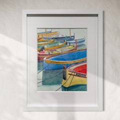 „Docked in the Marina“, Aquarell-Illustration, Gemälde