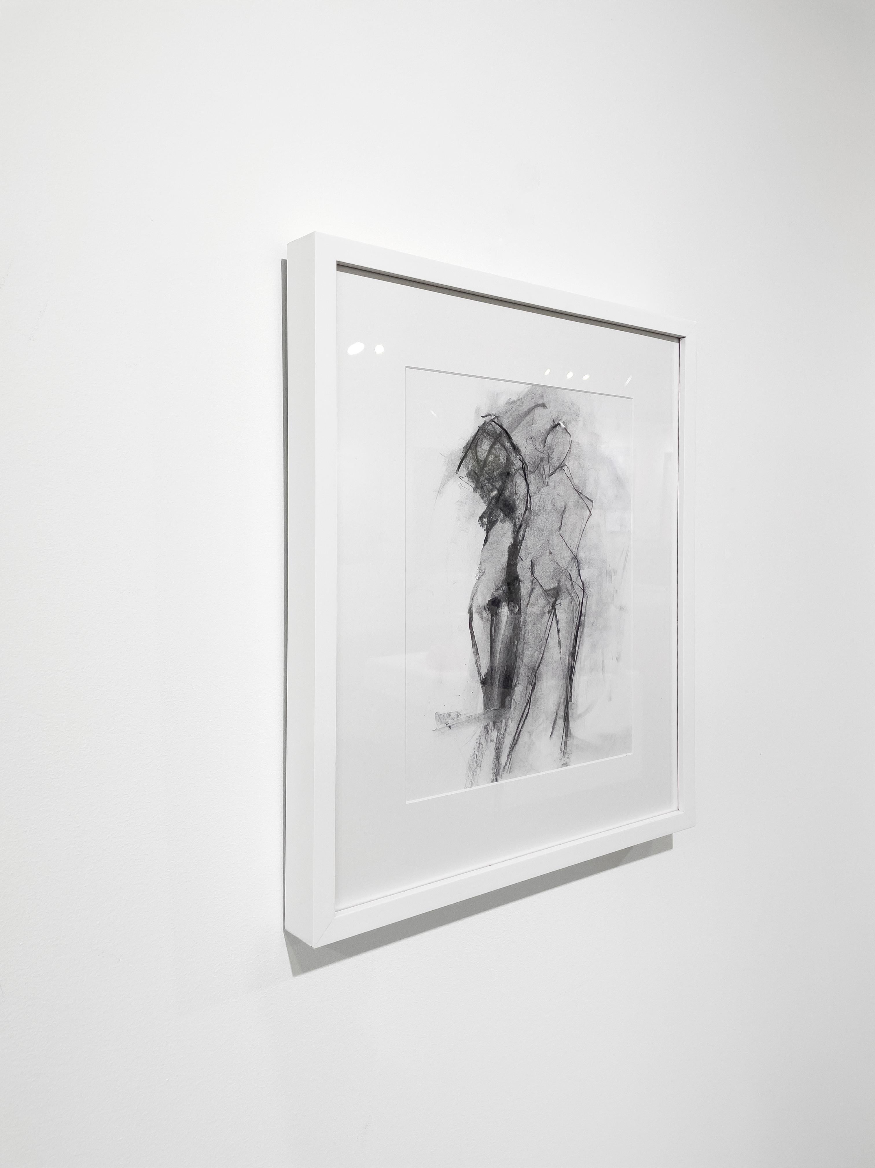 This abstract nude figure drawing by Kelly Rossetti features a light charcoal grey palette on white paper, with an expressive line drawing of nude figures and an almost Cubist style influence. The drawing itself is 16