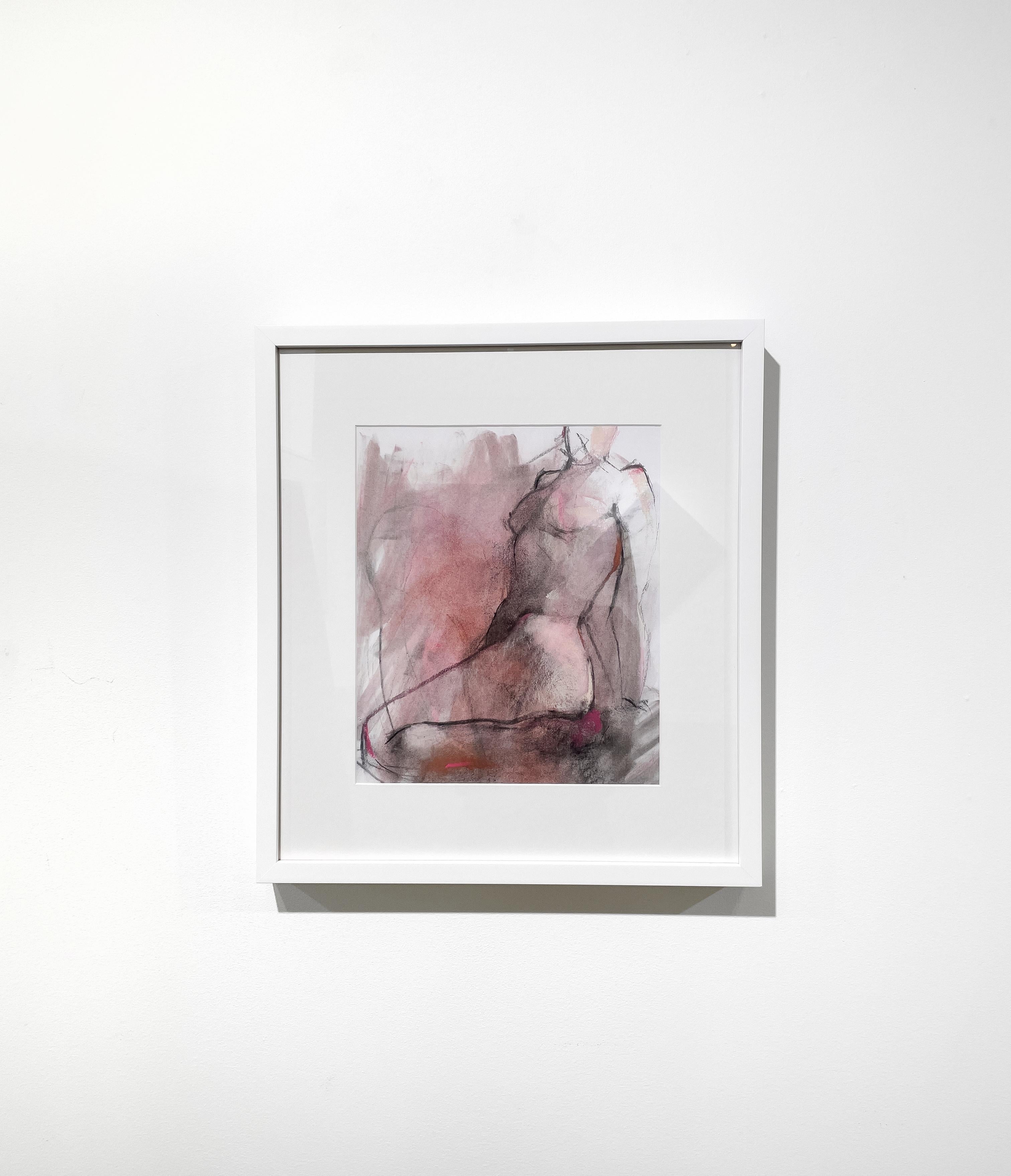 This abstract nude figure drawing by Kelly Rossetti is made with charcoal and pastel on paper. It has a pink palette, and captures a loose line drawing of a seated nude female figure. It is 16