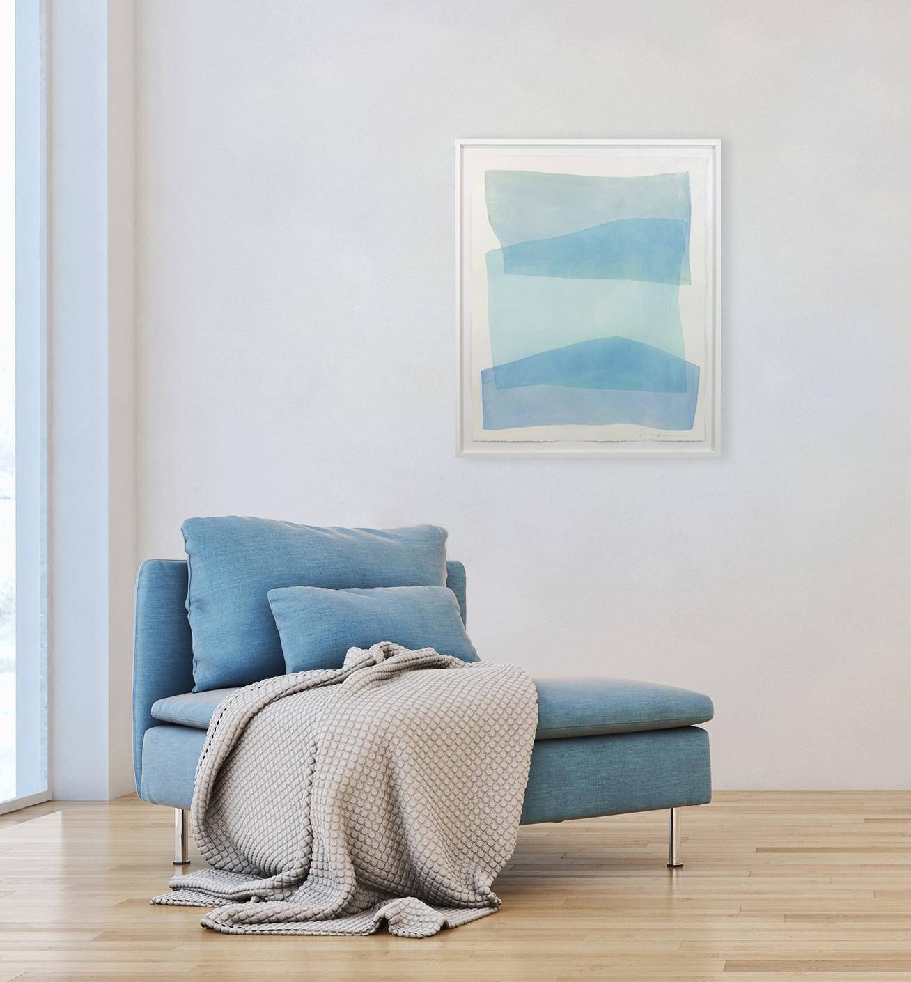 This original abstract watercolor painting by Nealy Hauschildt features a light blue and and green palette. The artist layers organic planes of washy color over one another for a balanced abstract composition. The painting is 36